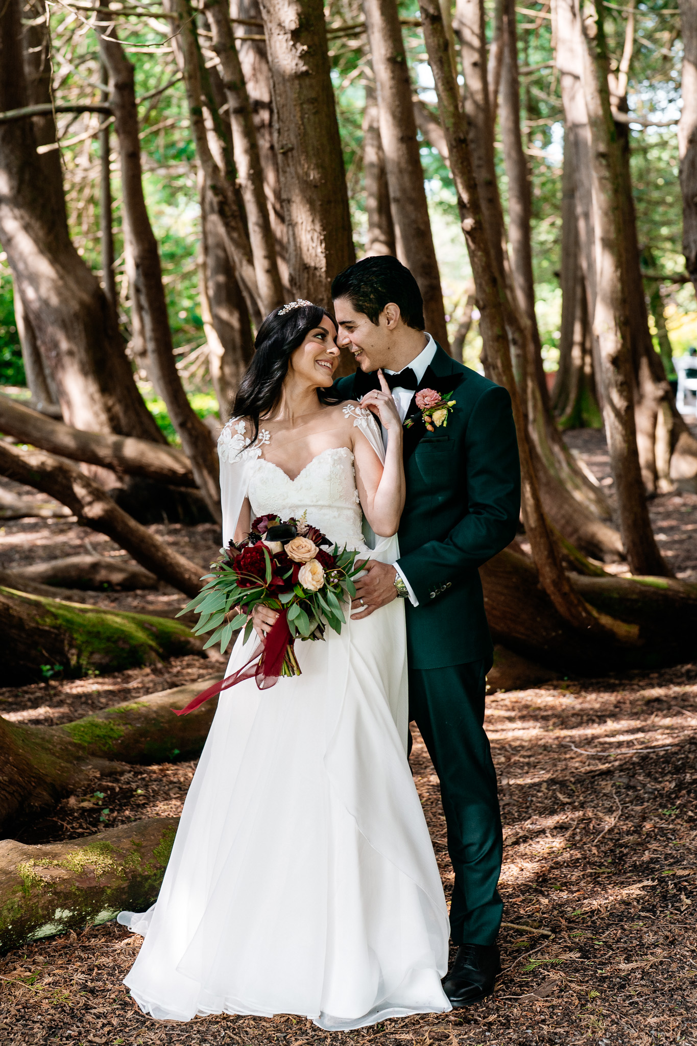 Black and white portrait of bride and groom in the woodland at Markree Castle