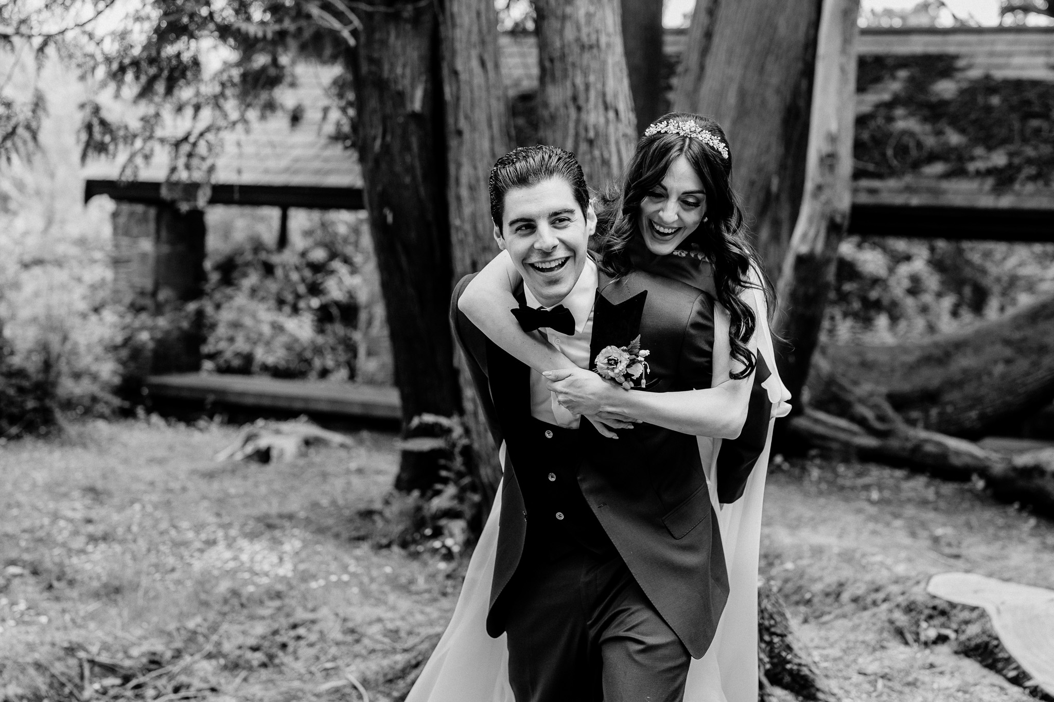 Candid black and white wedding portrait near the Boathouse at Markree Castle