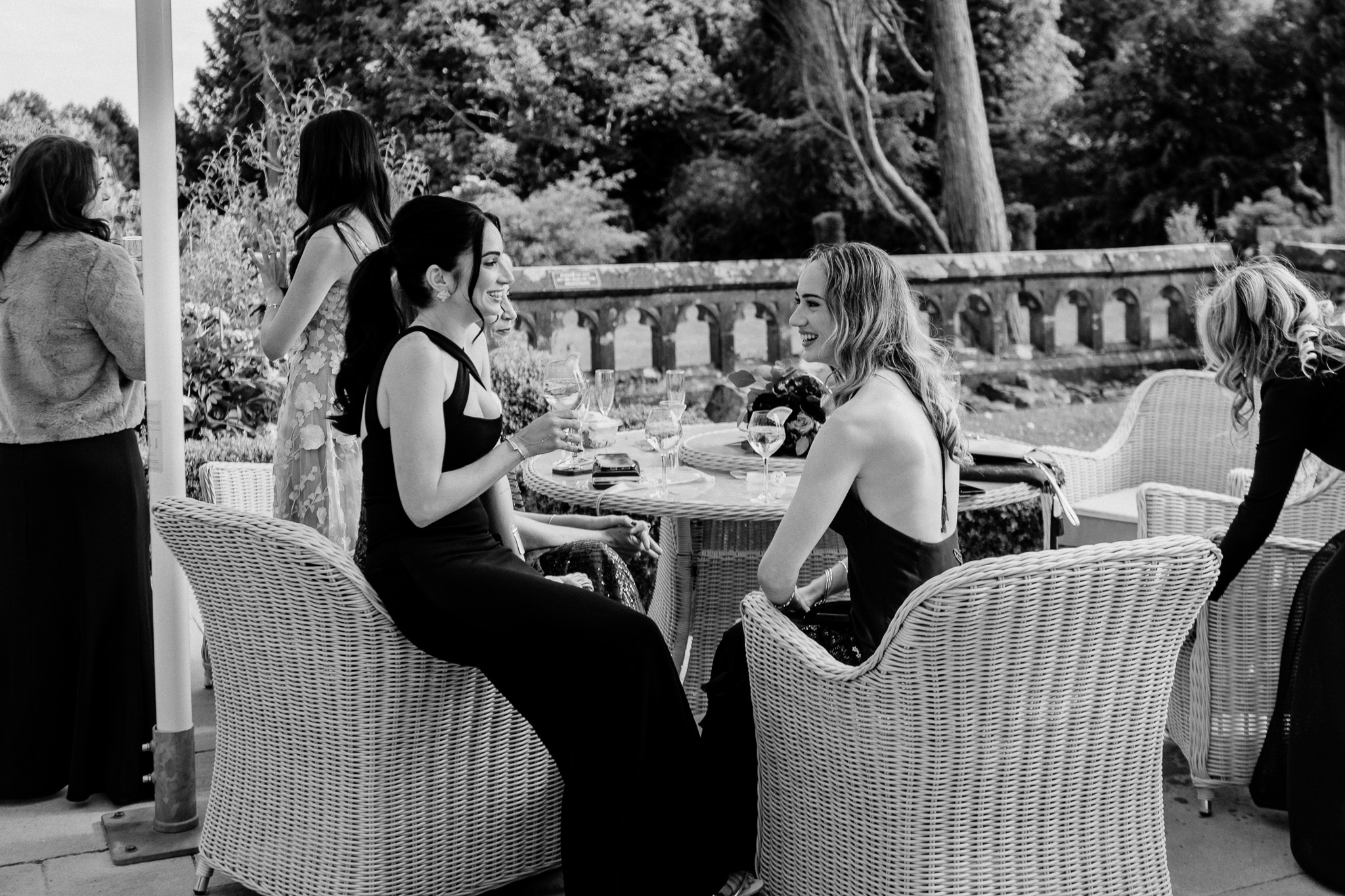 Bride and groom enjoying their outdoor wedding reception on the terrace at Markree Castle