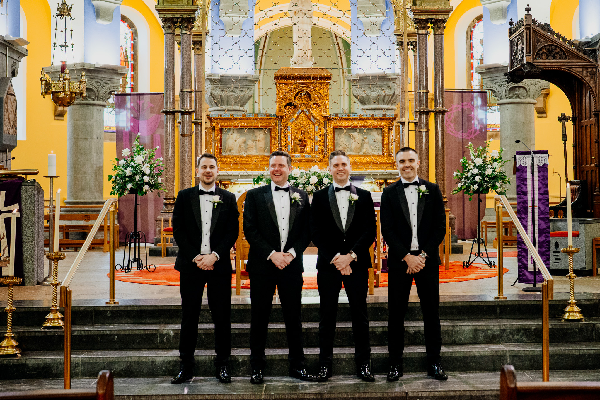 Groom and groomsmen inside Sligo Cathedral before the wedding ceremony