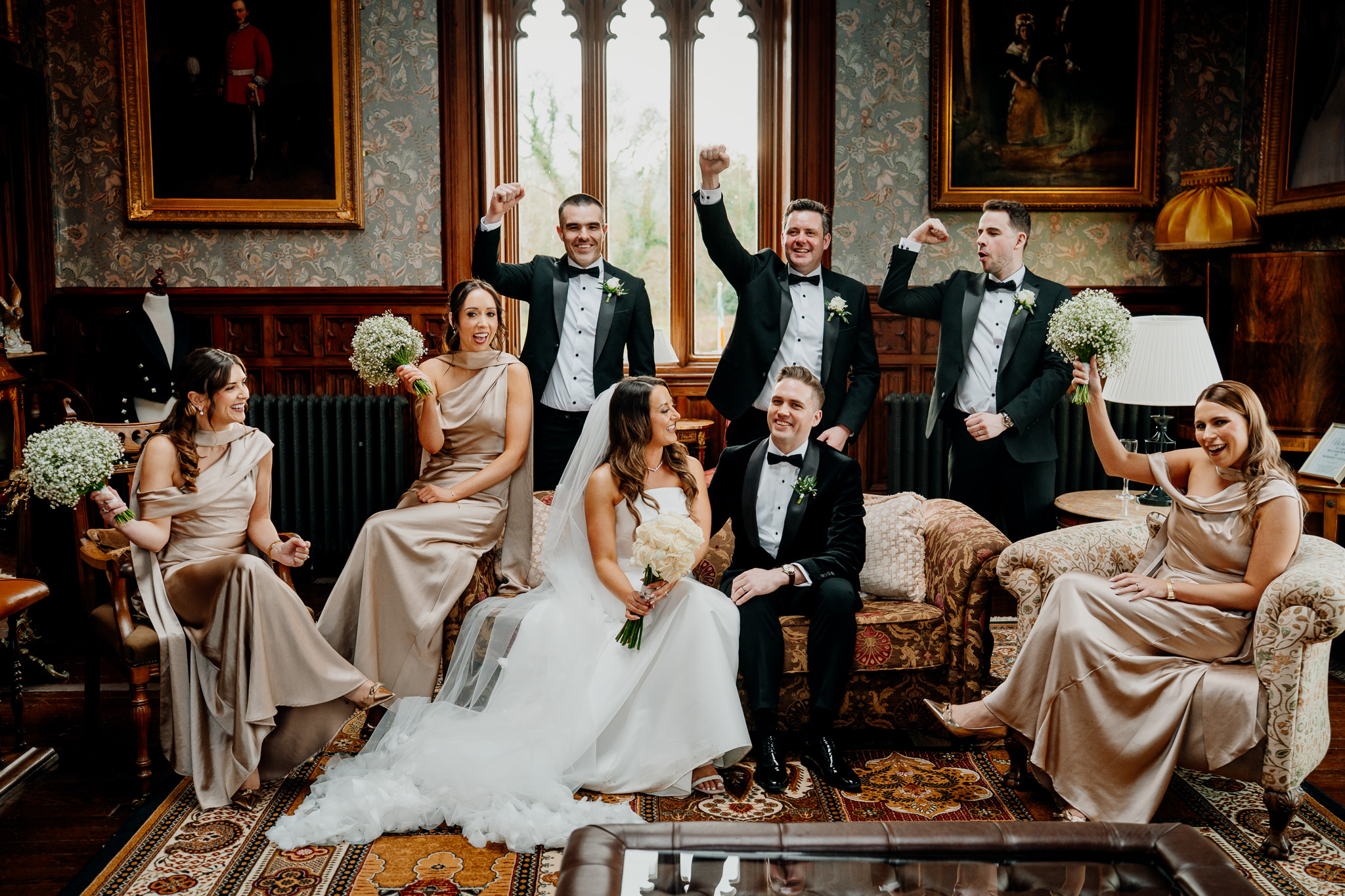 Bride and groom with their bridal party in the Billiard Room at Markree Castle