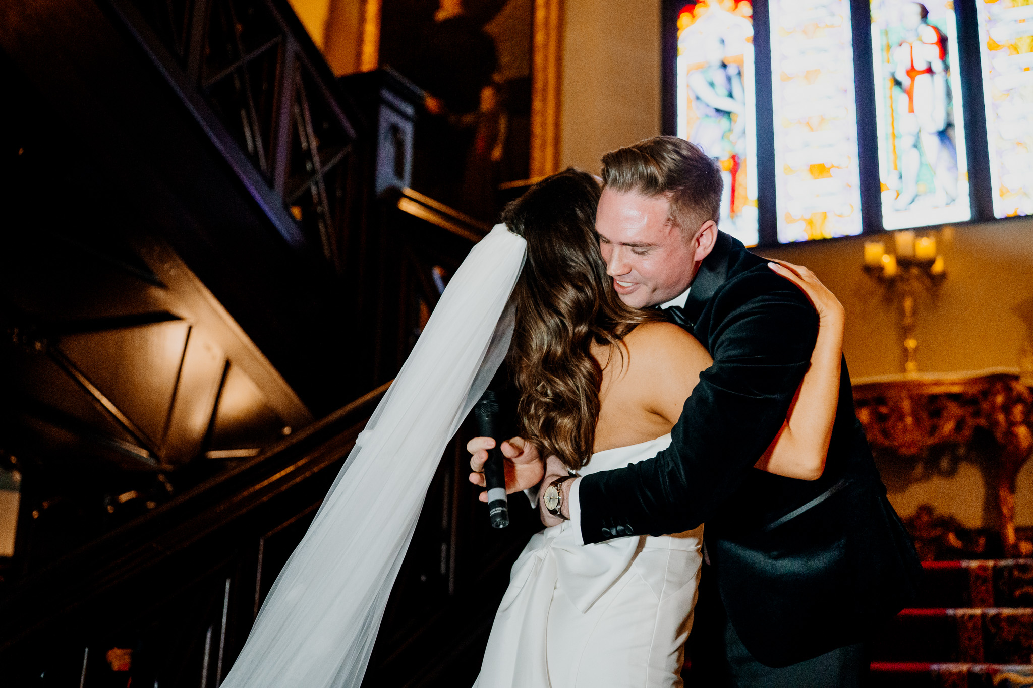 Bride hugging the groom after his wedding speech at Markree Castle