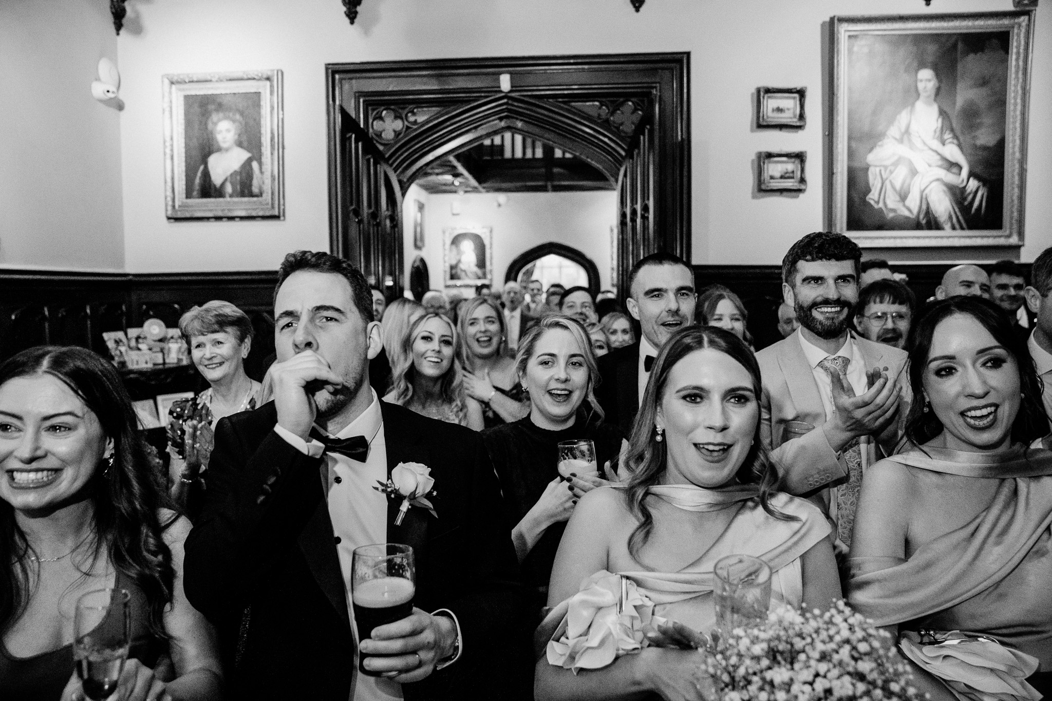 Wedding guests reacting emotionally during speeches at Markree Castle
