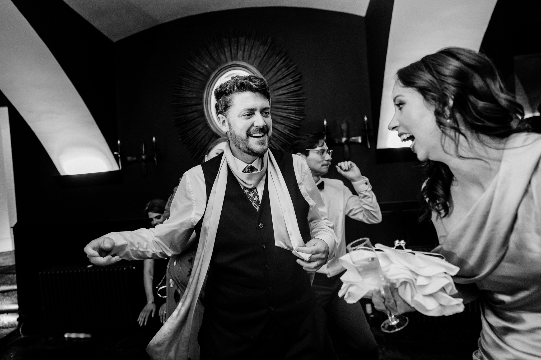 Wedding guests laughing and dancing on the Markree Castle dance floor