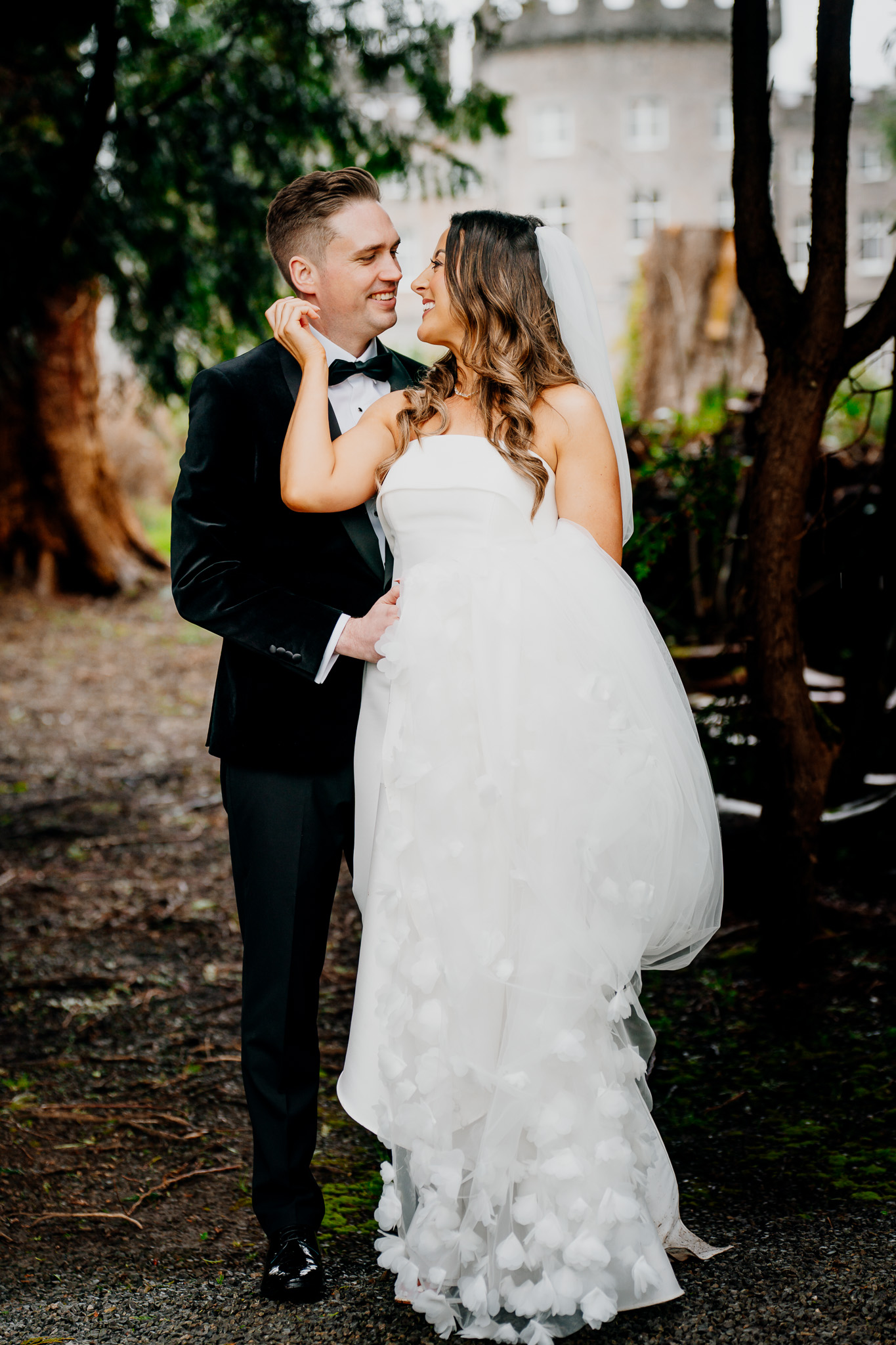 Bride and groom beside the Boathouse at Markree Castle in Sligo