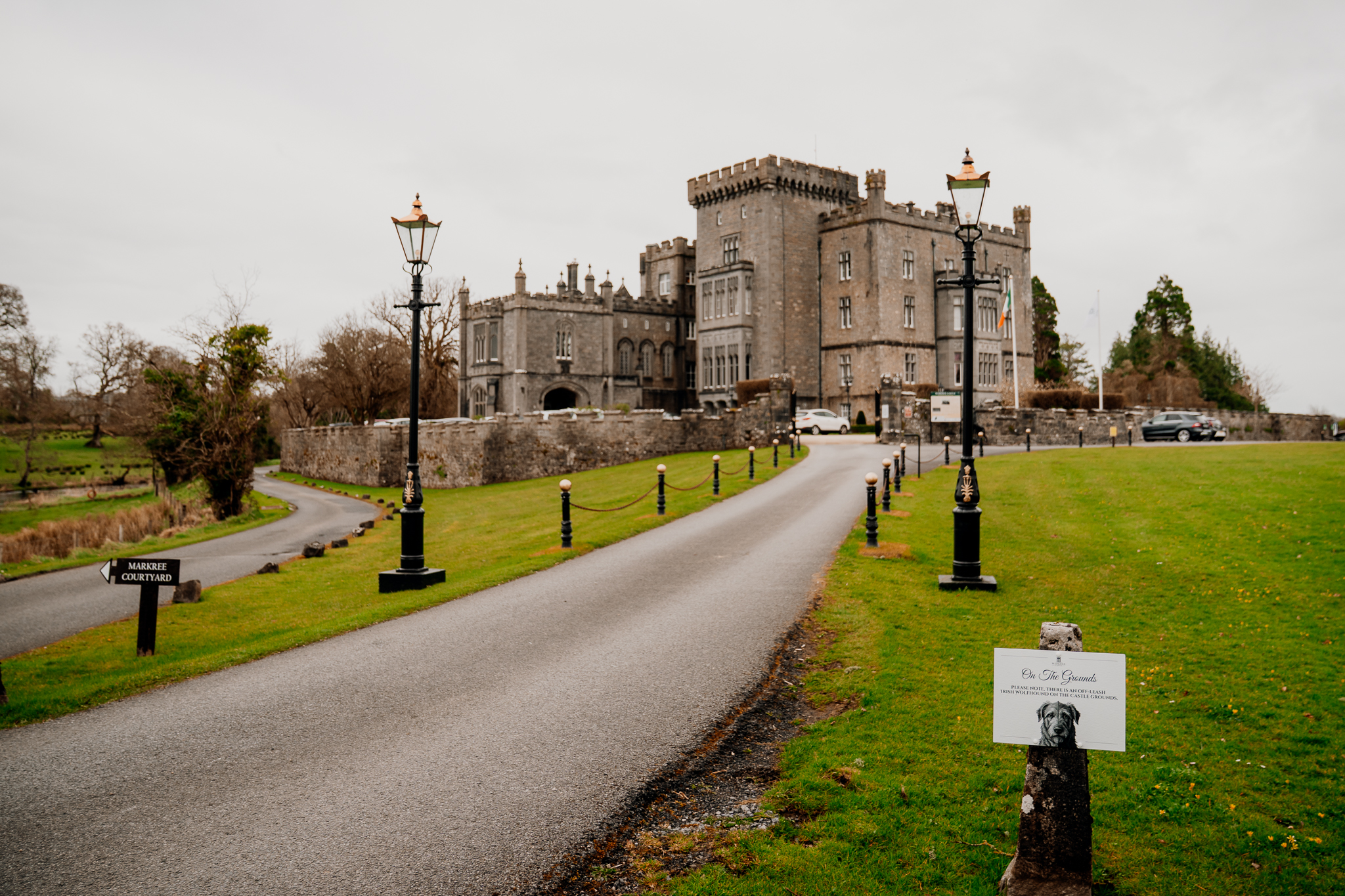 Markree Castle in Sligo photographed from the entrance driveway on an intimate wedding morning