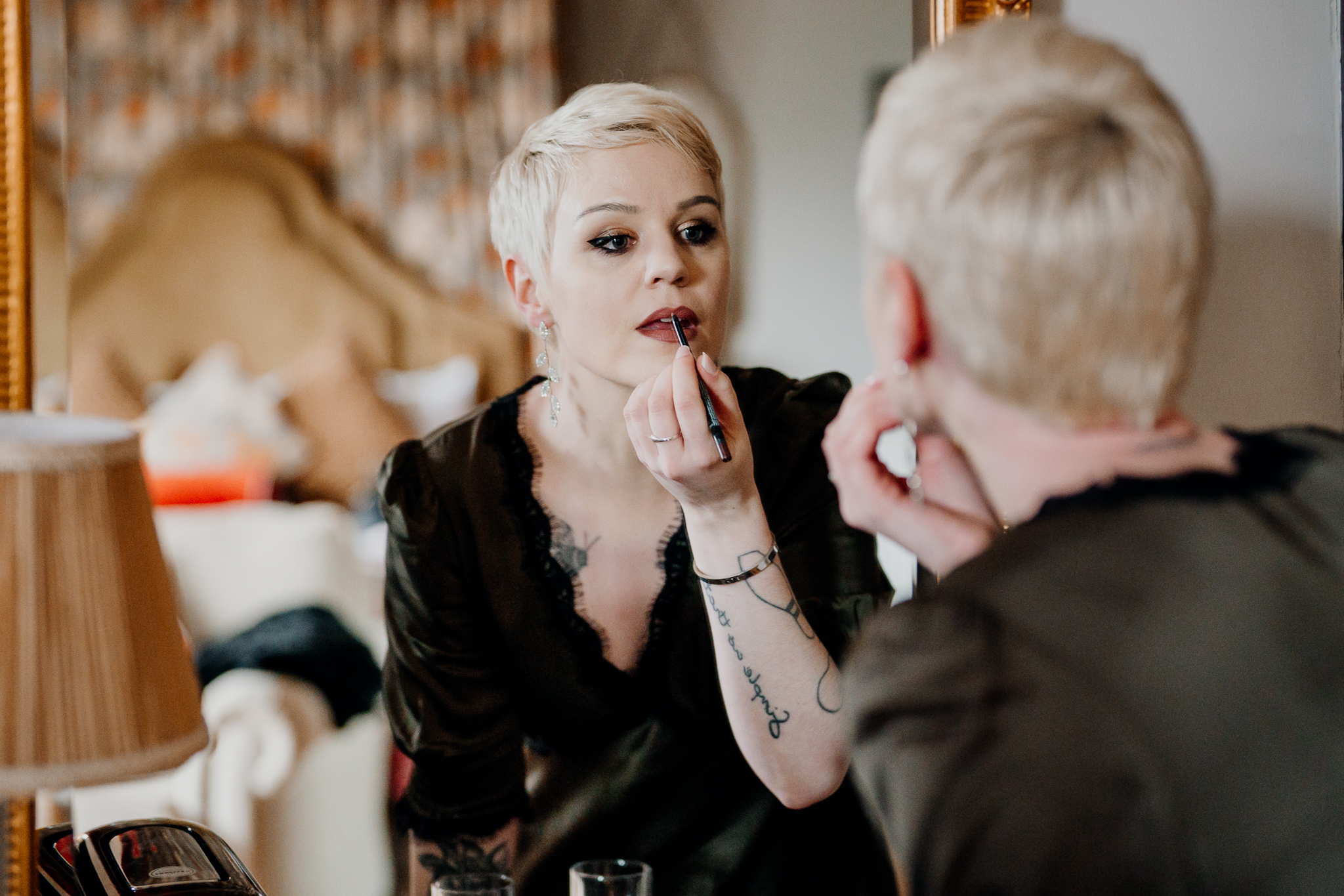Meagan having her wedding makeup applied in the Johnny Cash Room at Markree Castle