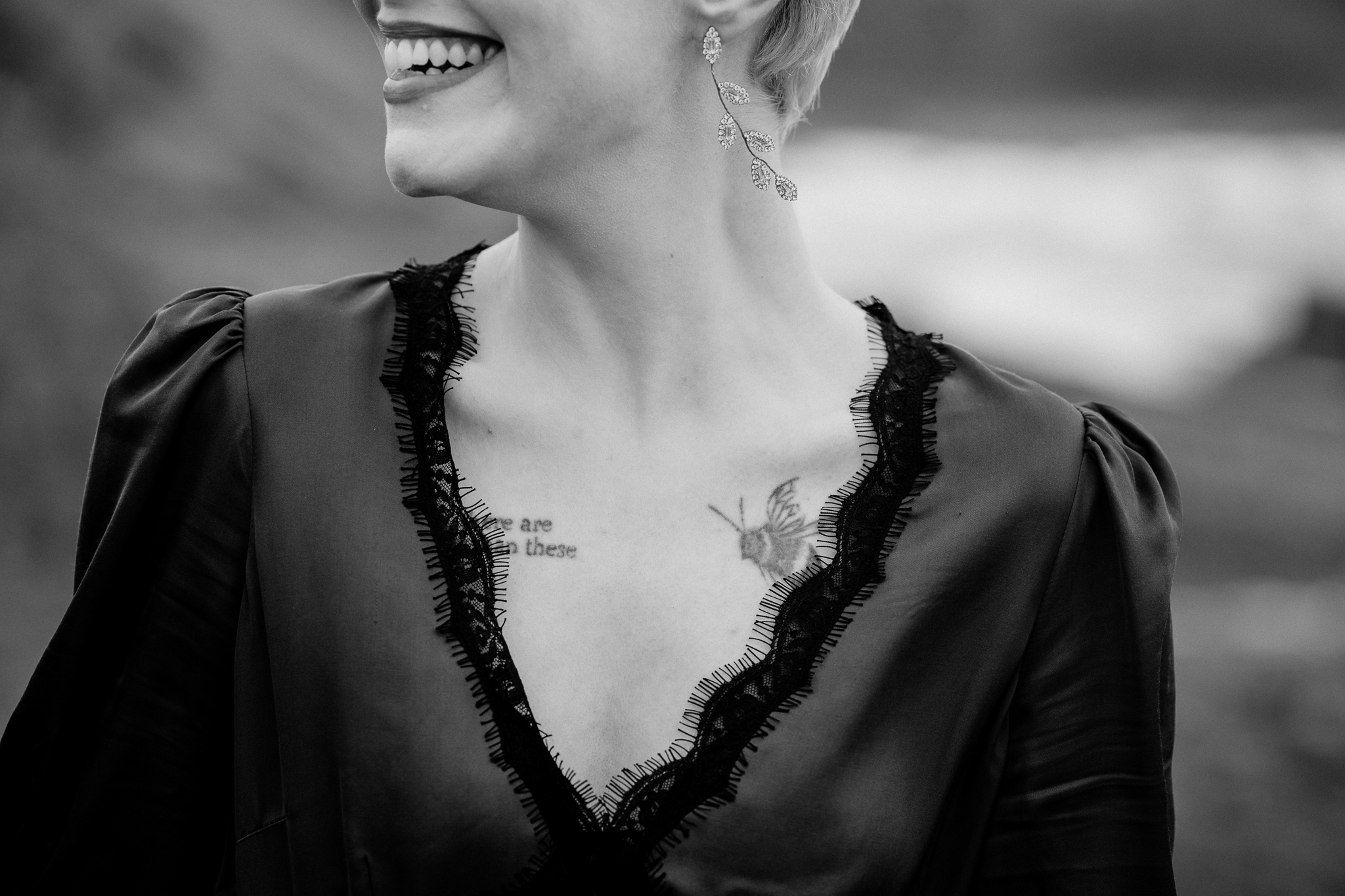 Black and white close-up bridal portrait during an intimate wedding at Mullaghmore Head Sligo
