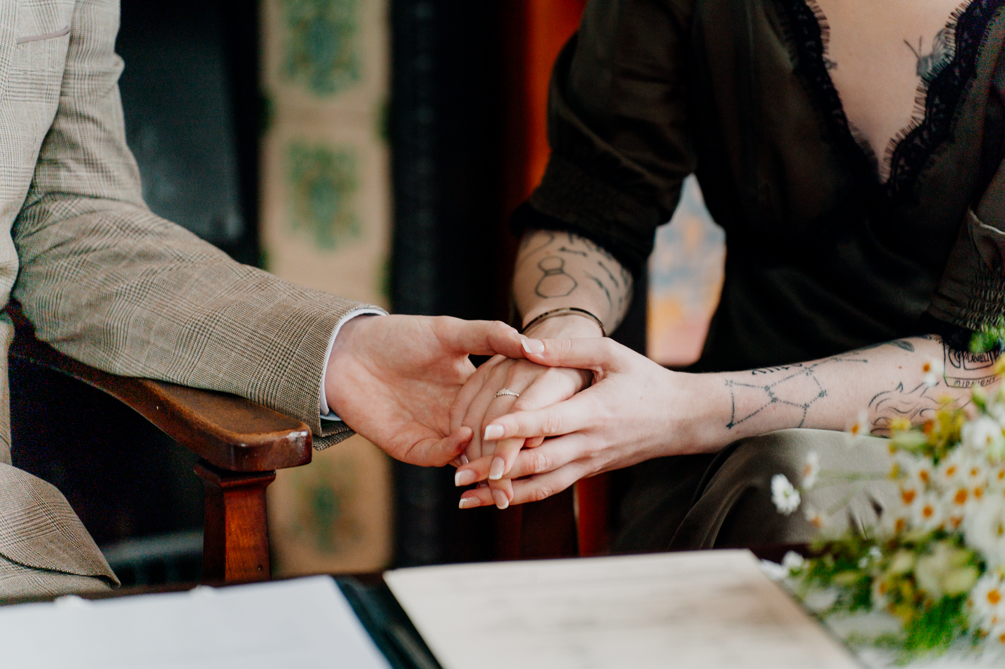Close-up of wedding rings during an intimate ceremony at Yeats Society Sligo