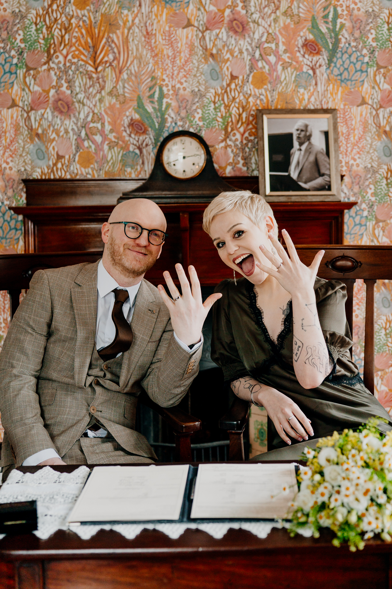 Newly married couple sitting together in the historic Yeats Building in Sligo