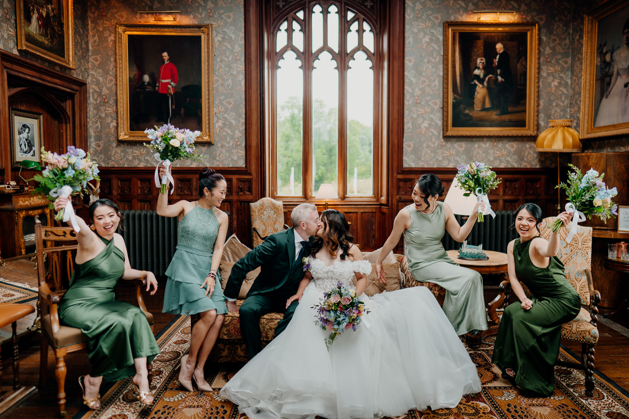 Bridal party portrait in the Billiard Room at Markree Castle