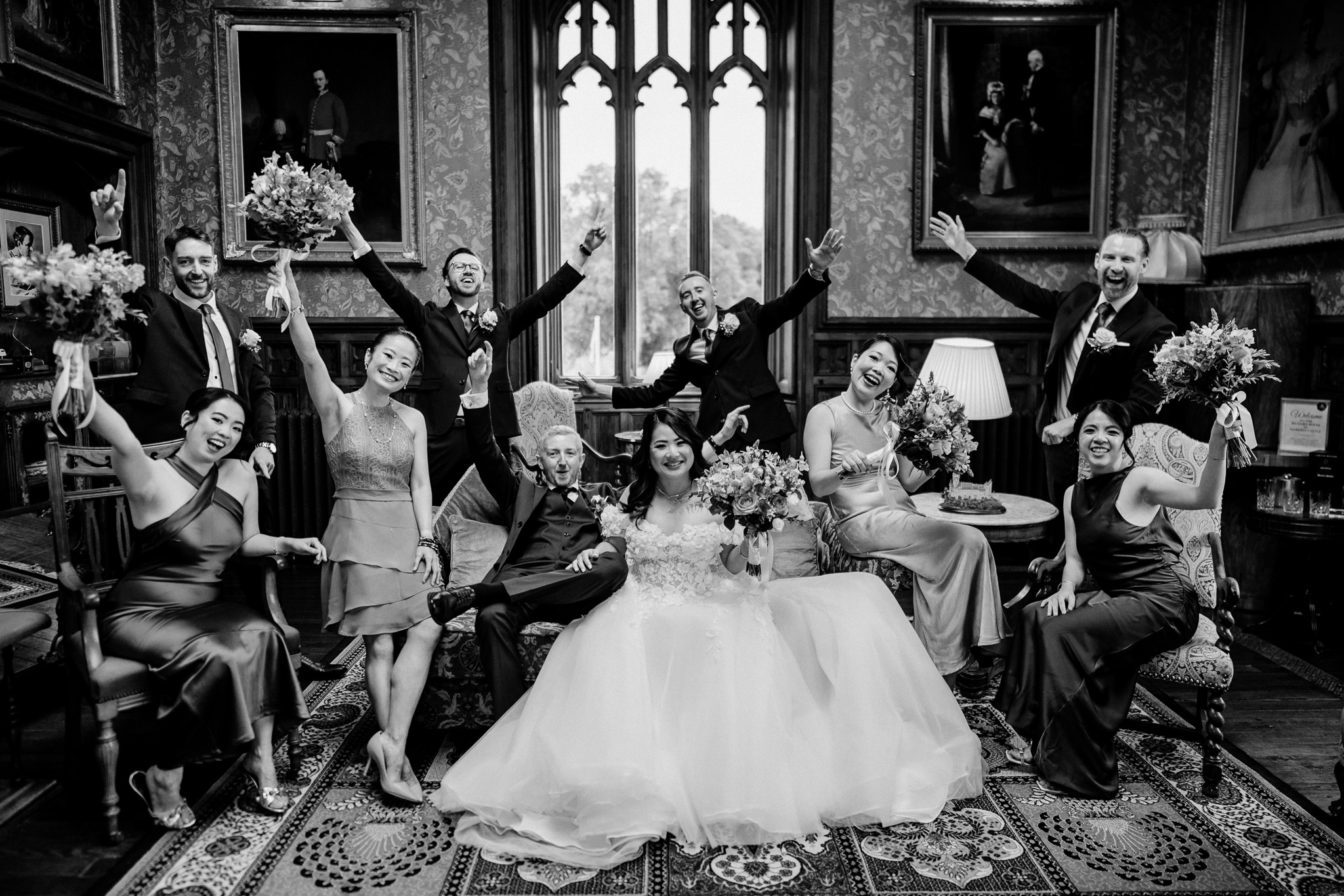 Candid bridal party photo in the Billiard Room at Markree Castle