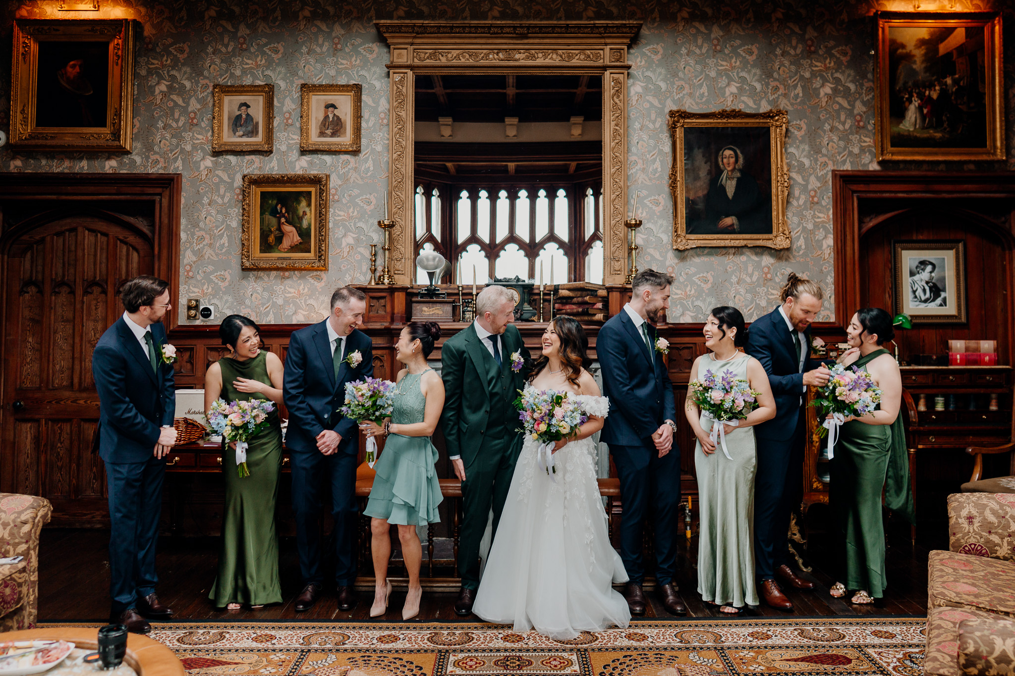 Bride groom and bridal party in the Billiard Room at Markree Castle