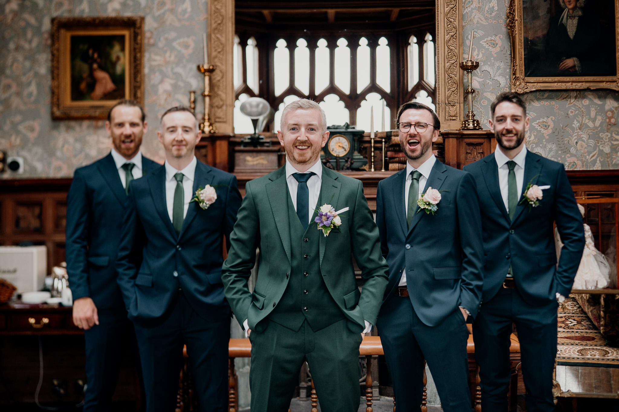 Groomsmen portrait in the Billiard Room at Markree Castle