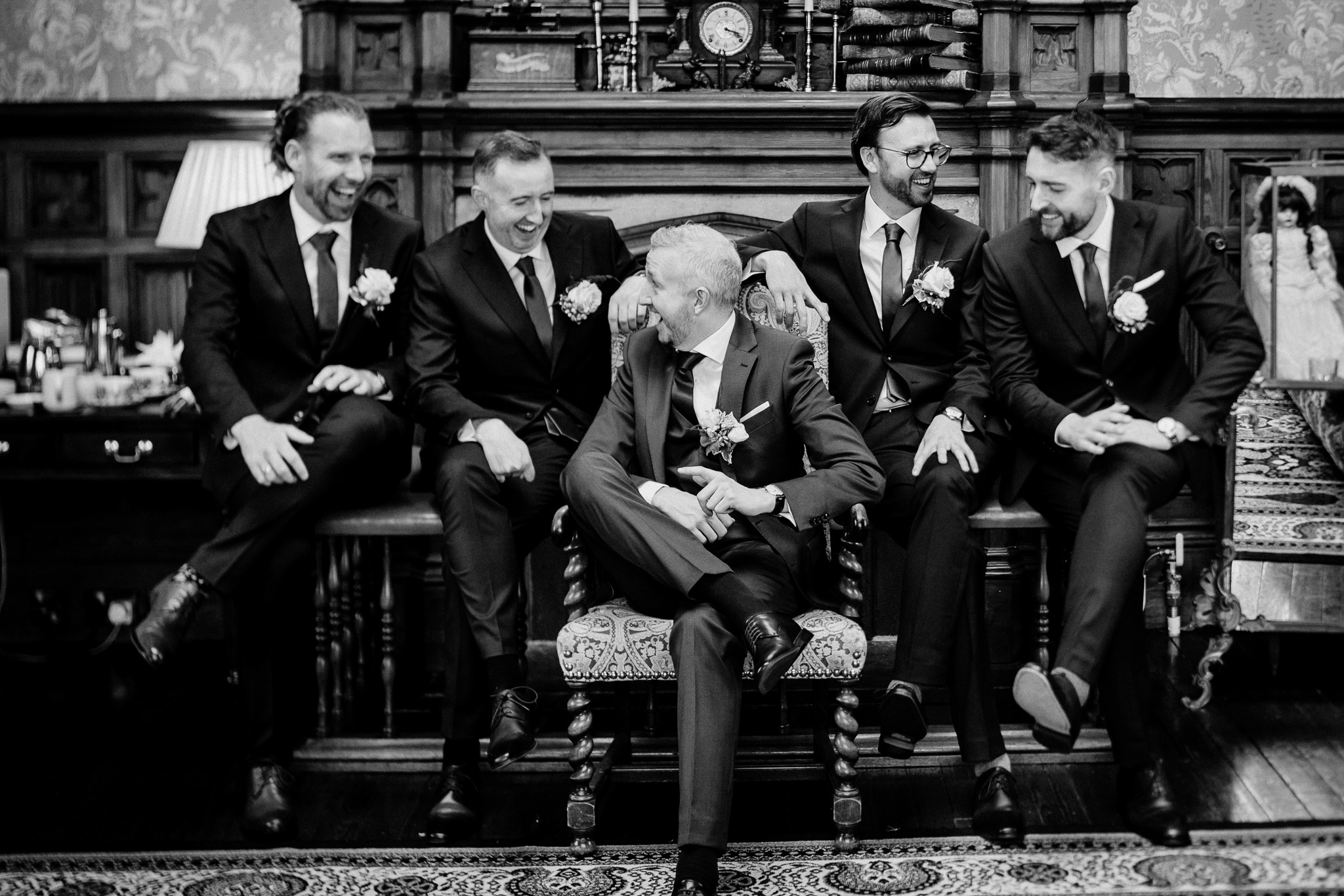 Groom and groomsmen in the Billiard Room at Markree Castle