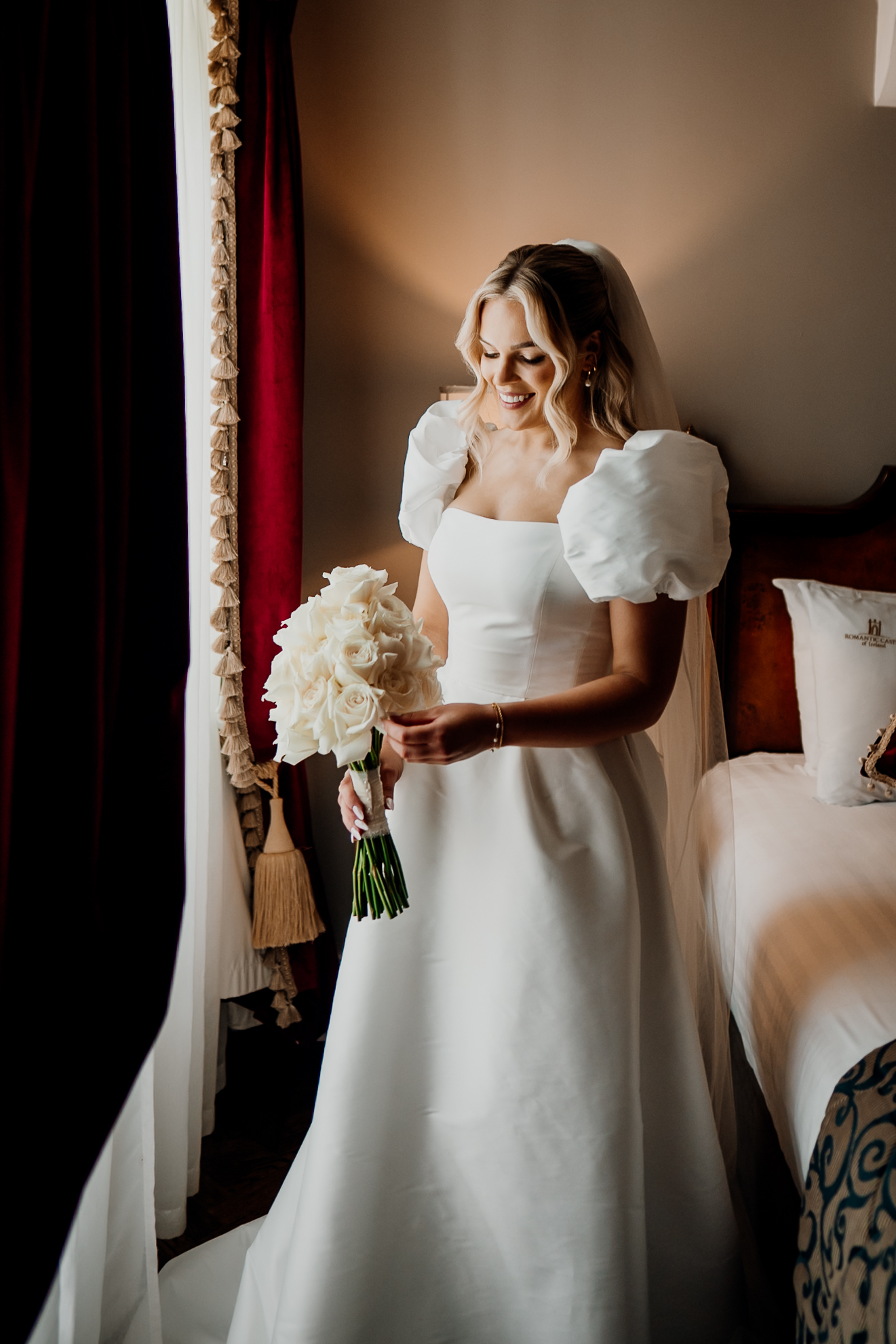 Bridal portrait of Caoimhe in natural window light at Markree Castle