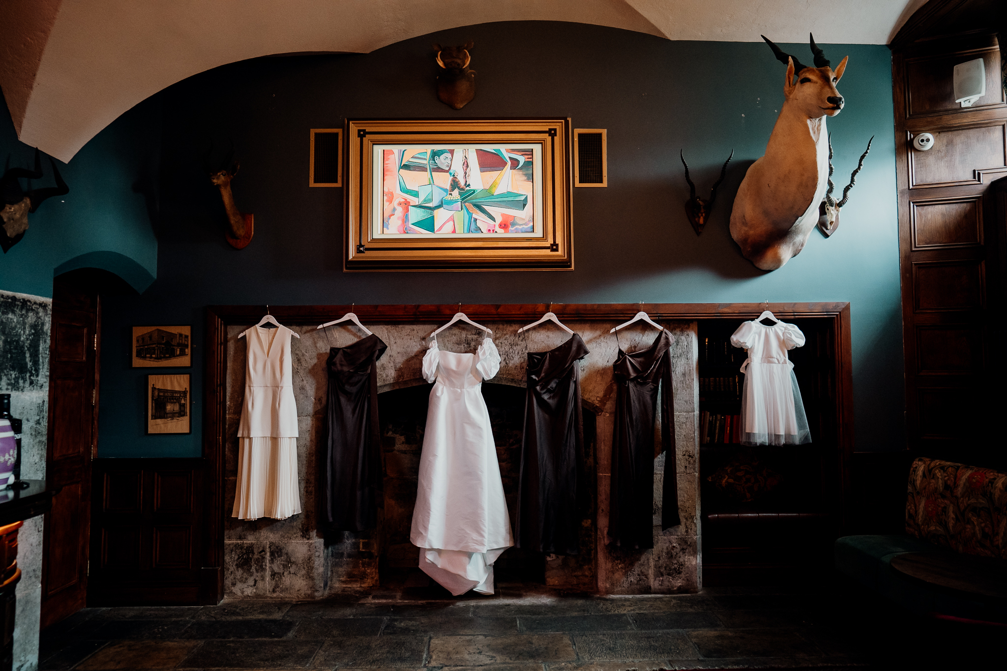 Wedding dresses hanging beside the Gin Bar at Markree Castle