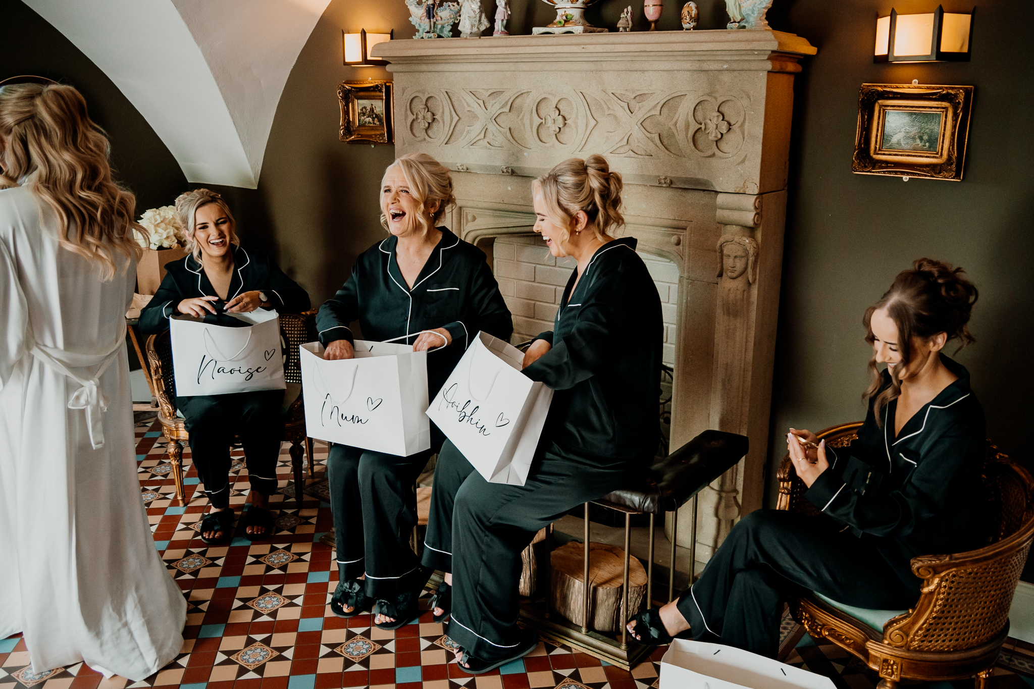 Bride Caoimhe giving gifts to her bridesmaids at Markree Castle