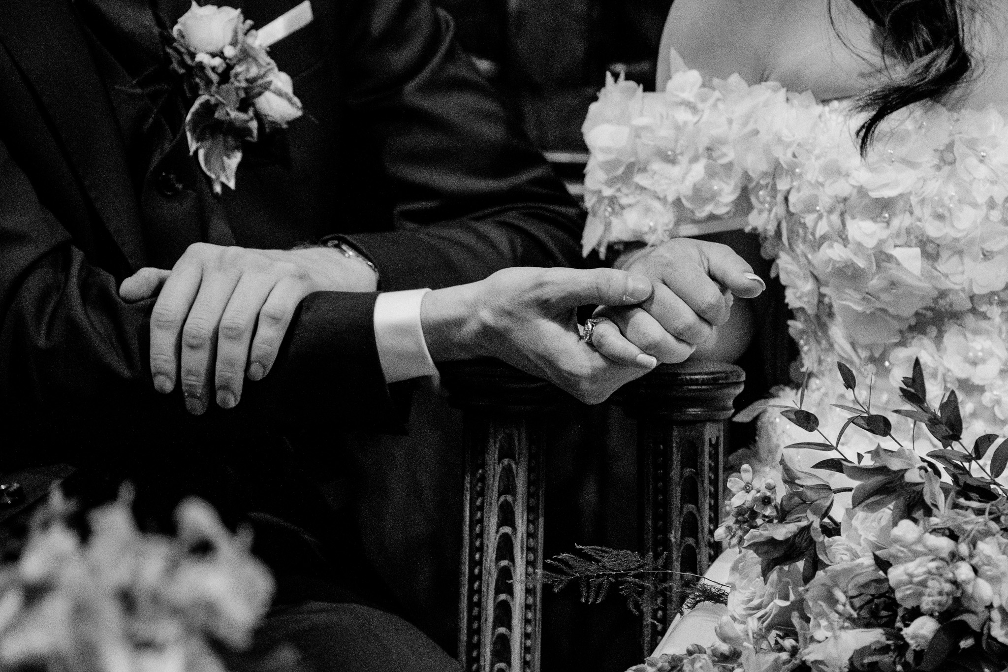 Bride and groom holding hands during Markree Castle Chapel ceremony