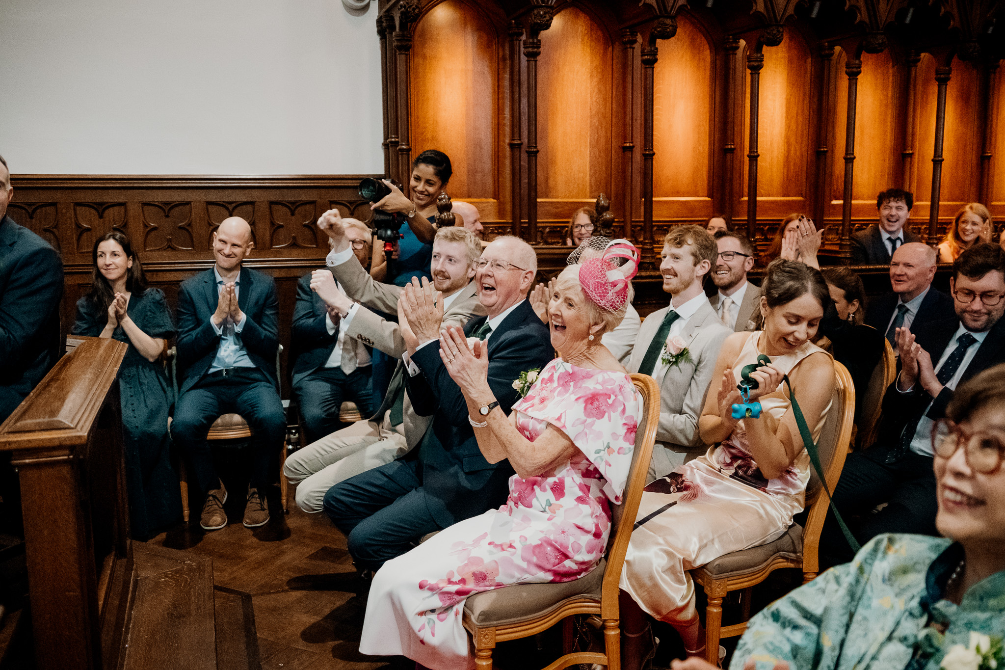 Wedding guests celebrating in Markree Castle Chapel