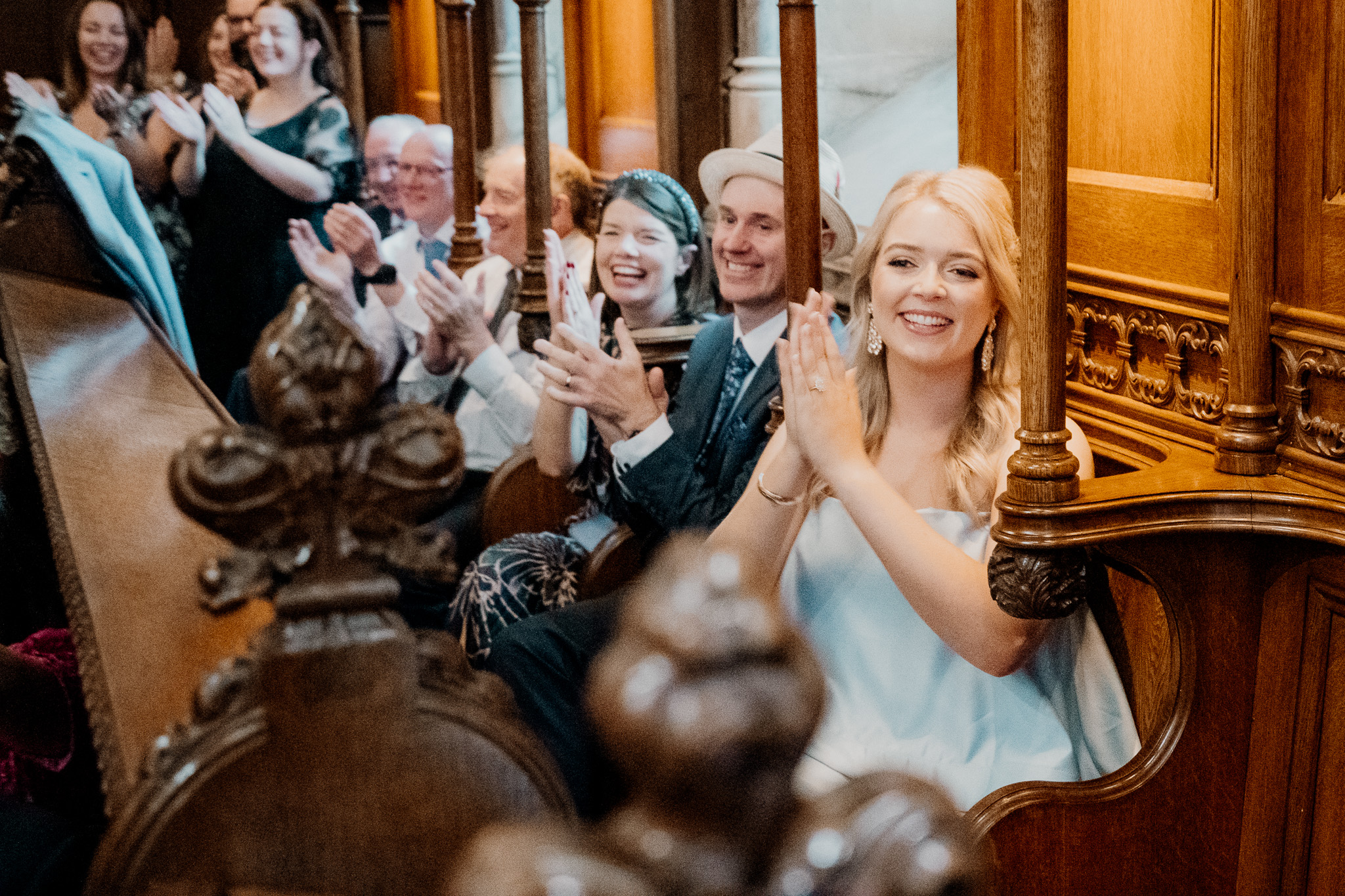 Happy wedding guests during Markree Castle Chapel ceremony