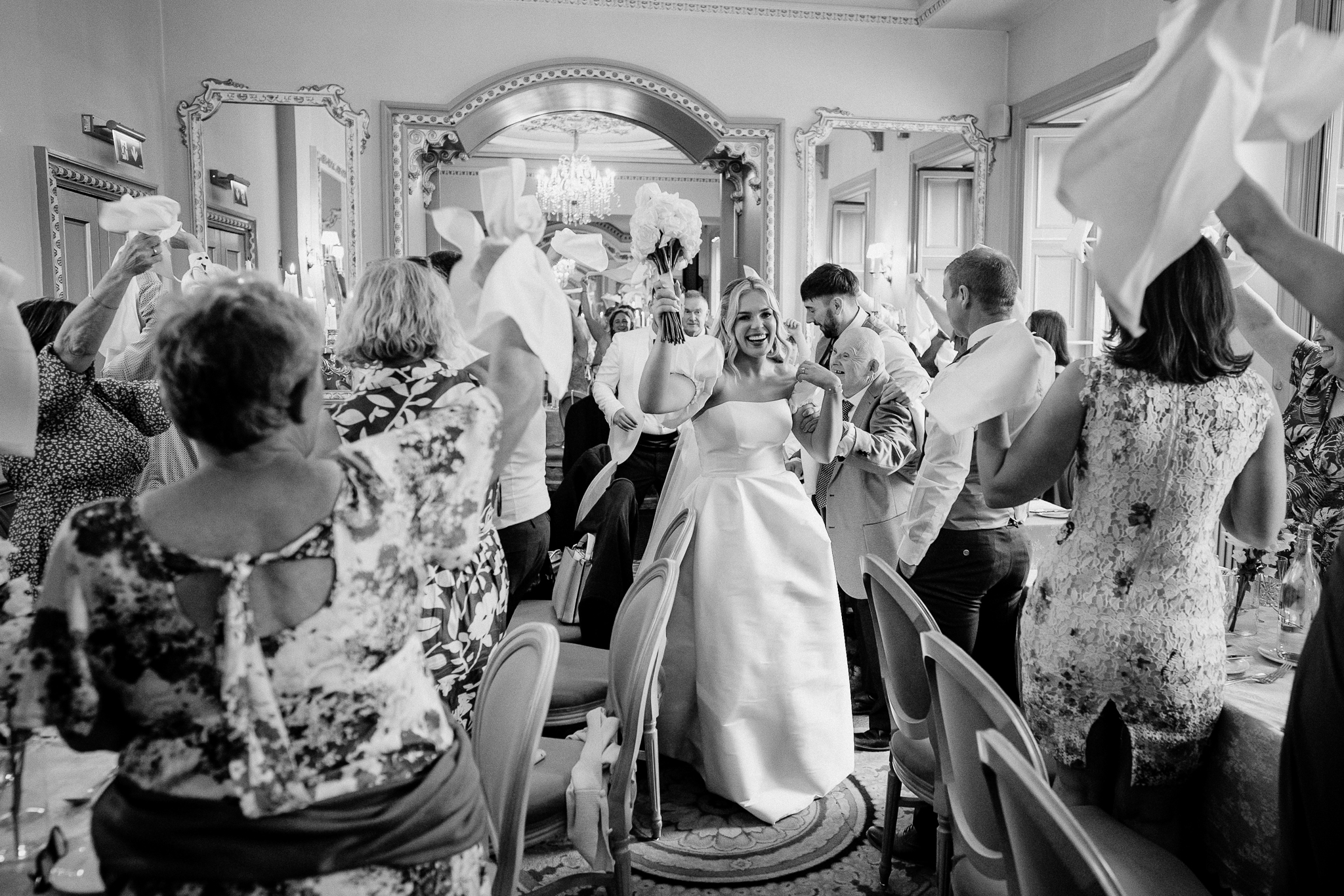 Bride and groom entering the Dining Room at Markree Castle for their wedding reception