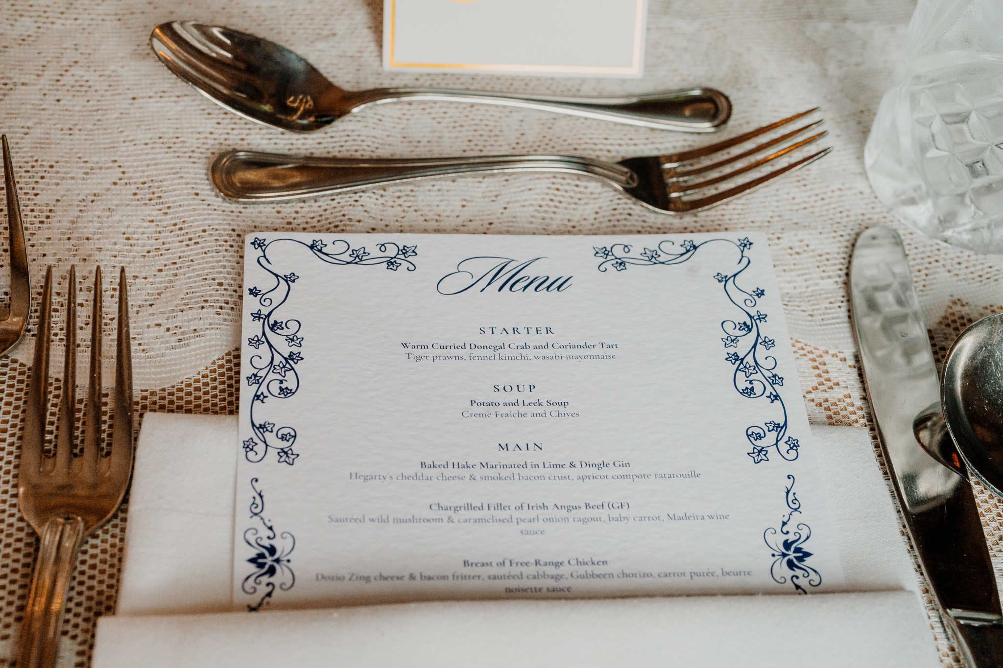 Wedding place setting and menu in Markree Castle Dining Room