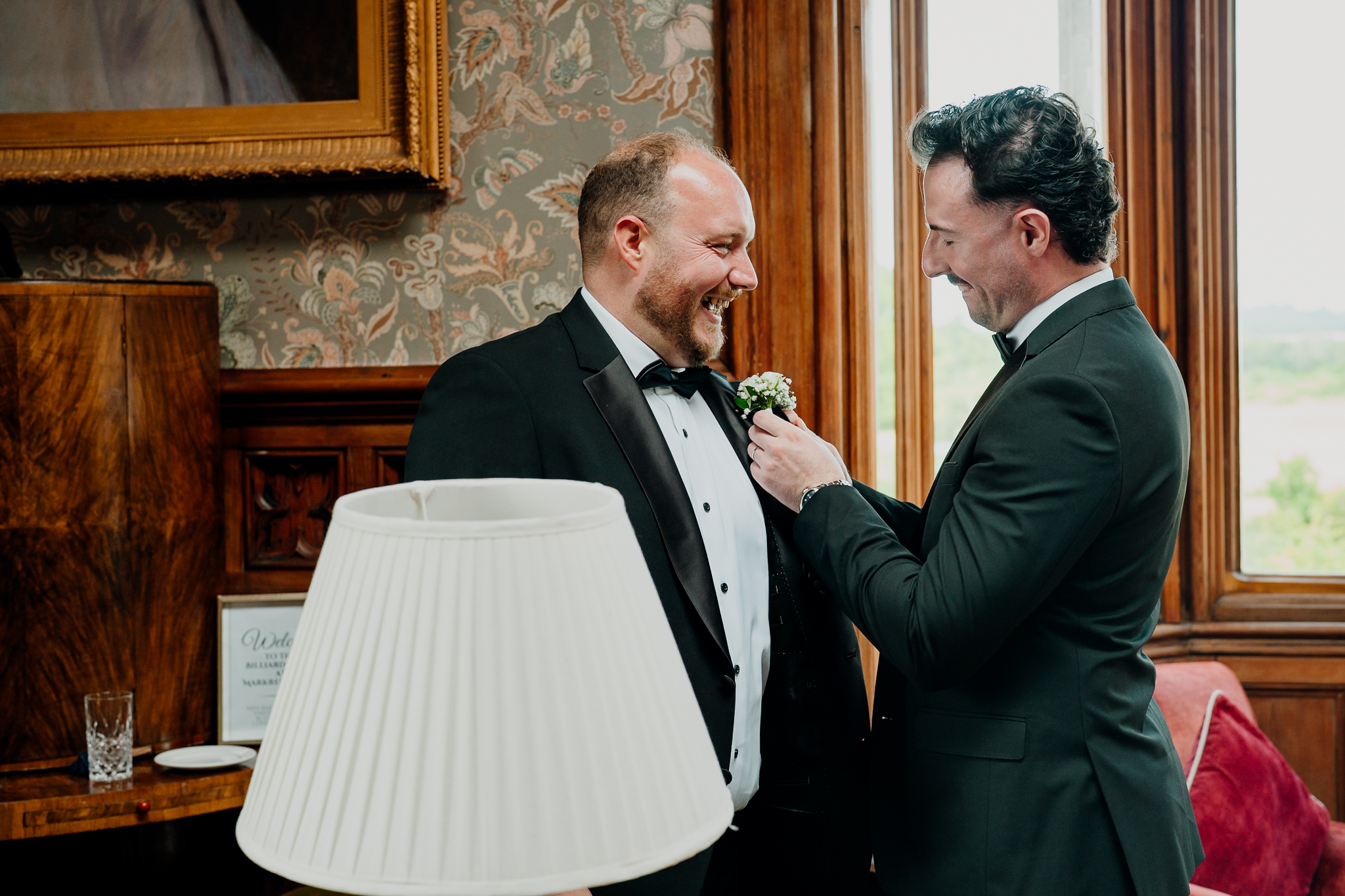 Groom Michael with a groomsman in the Billiard Room at Markree Castle