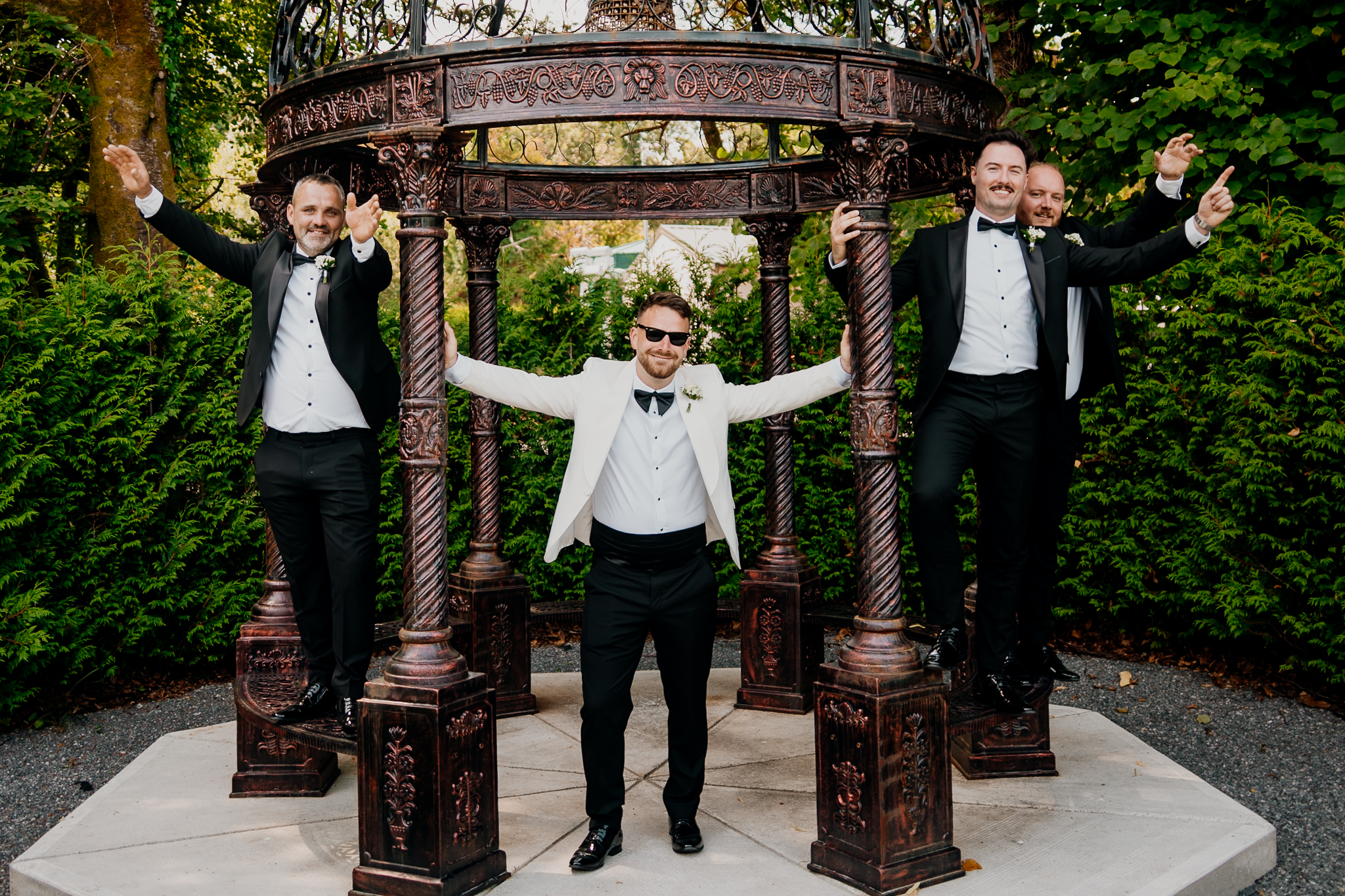 Groom and groomsmen in the gardens at Markree Castle wedding venue