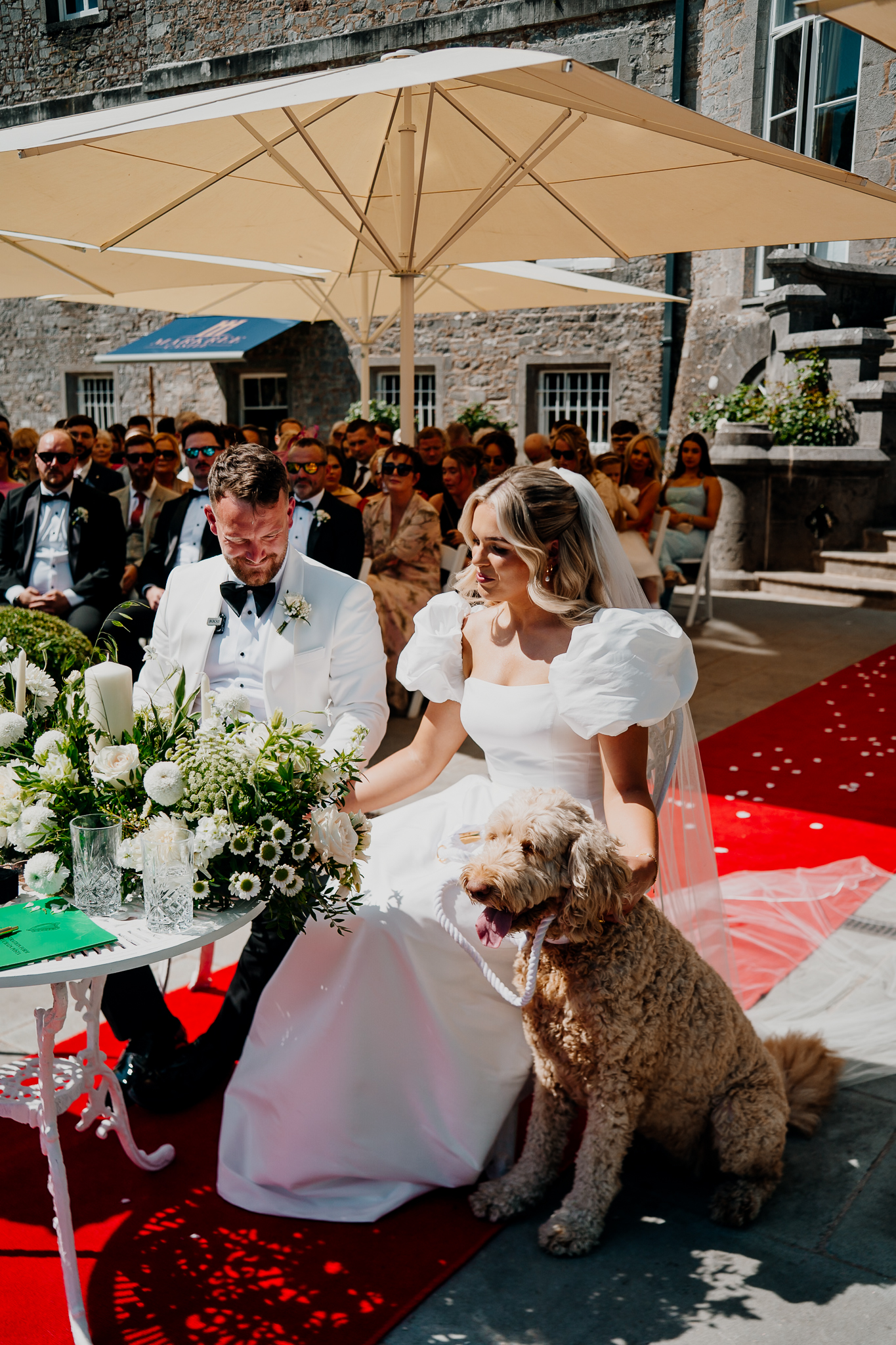 Bride during an outdoor wedding ceremony on the terrace at Markree Castle