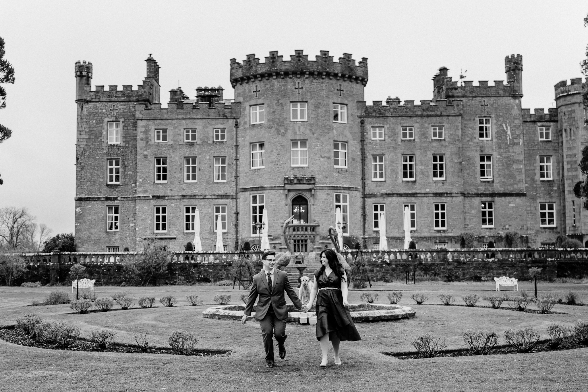 Black-and-white architectural photograph of the front facade and towers of Markree Castle in Sligo, Ireland.