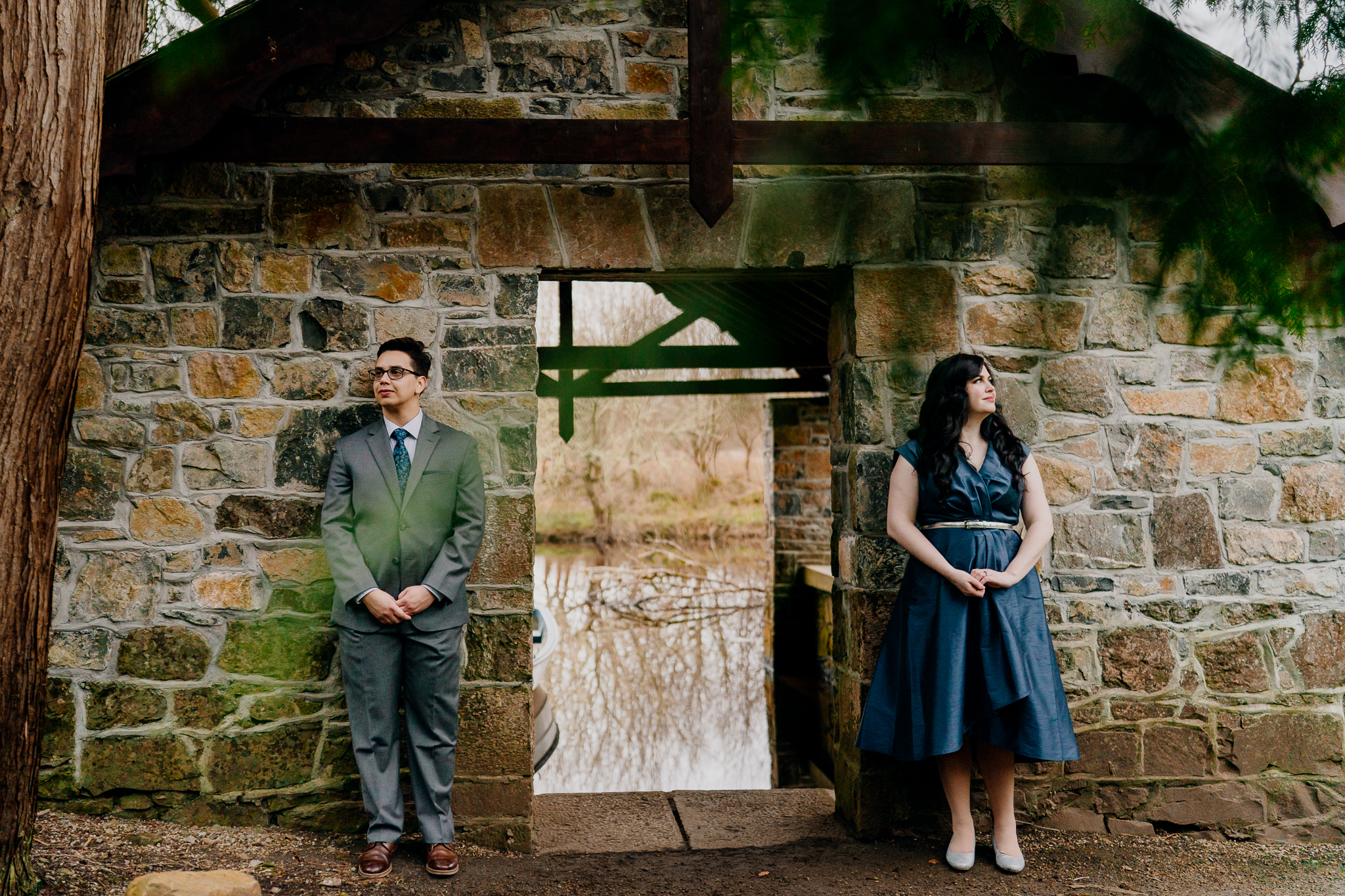 Newly engaged couple photographed beside the historic stone boathouse at Markree Castle during their romantic engagement session in Sligo, Ireland.