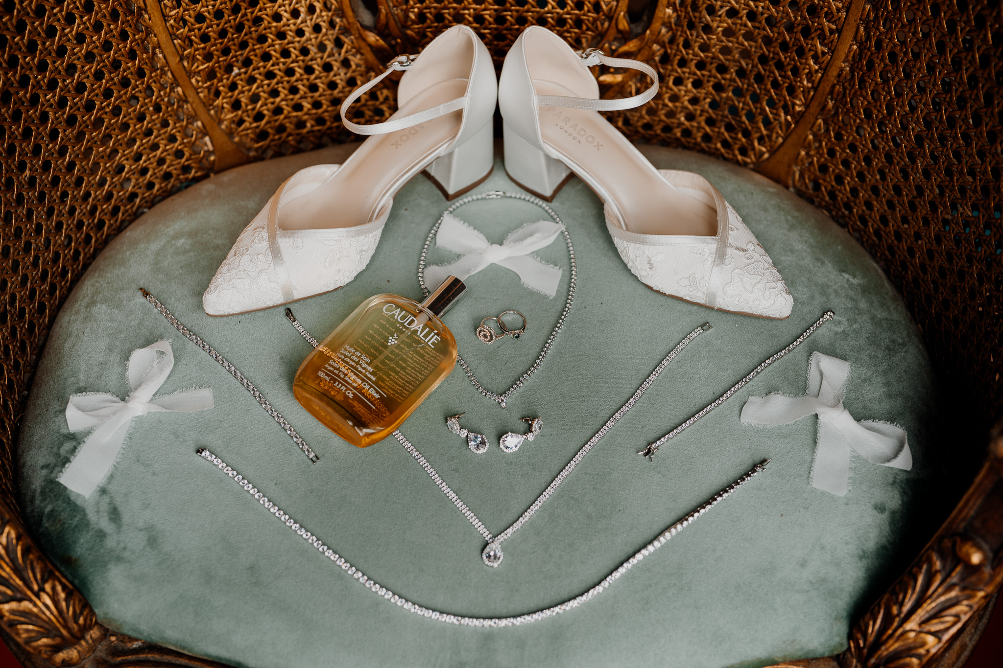 Bridal shoes and wedding details during preparations at Markree Castle