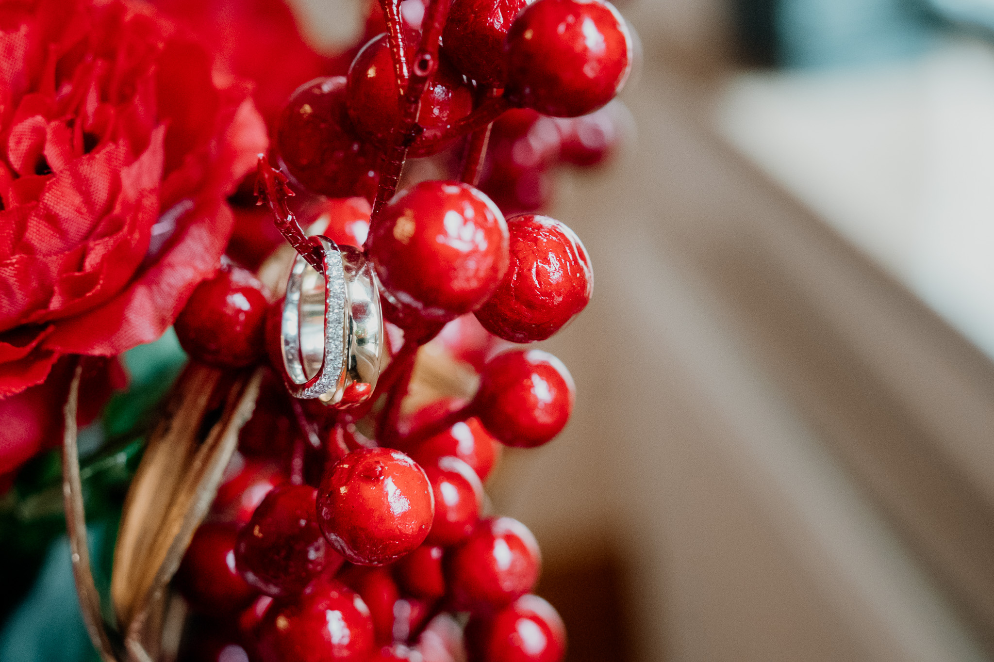 Red wedding details during bridal preparations at Markree Castle