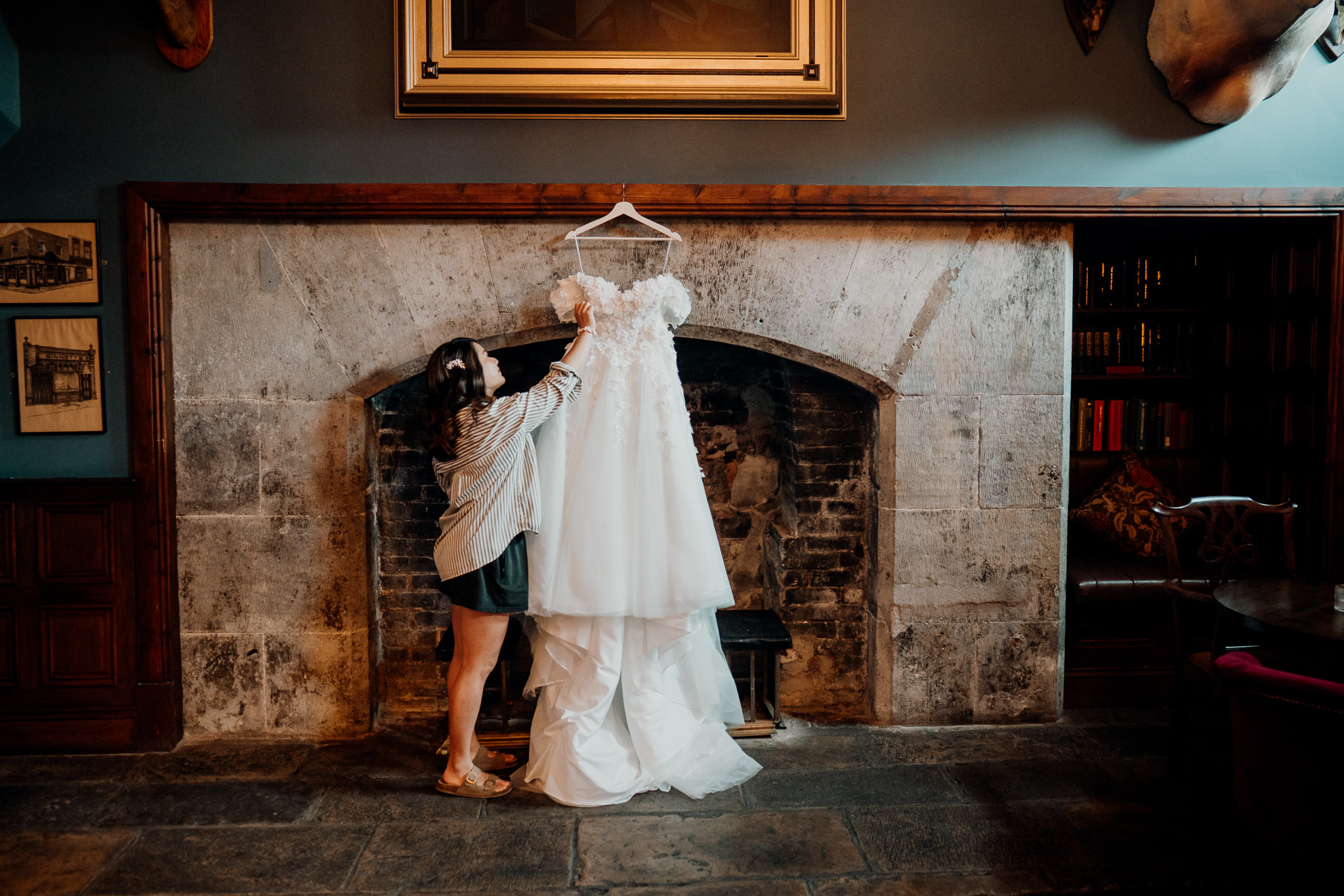 Wedding dress hanging in the Gin Bar at Markree Castle