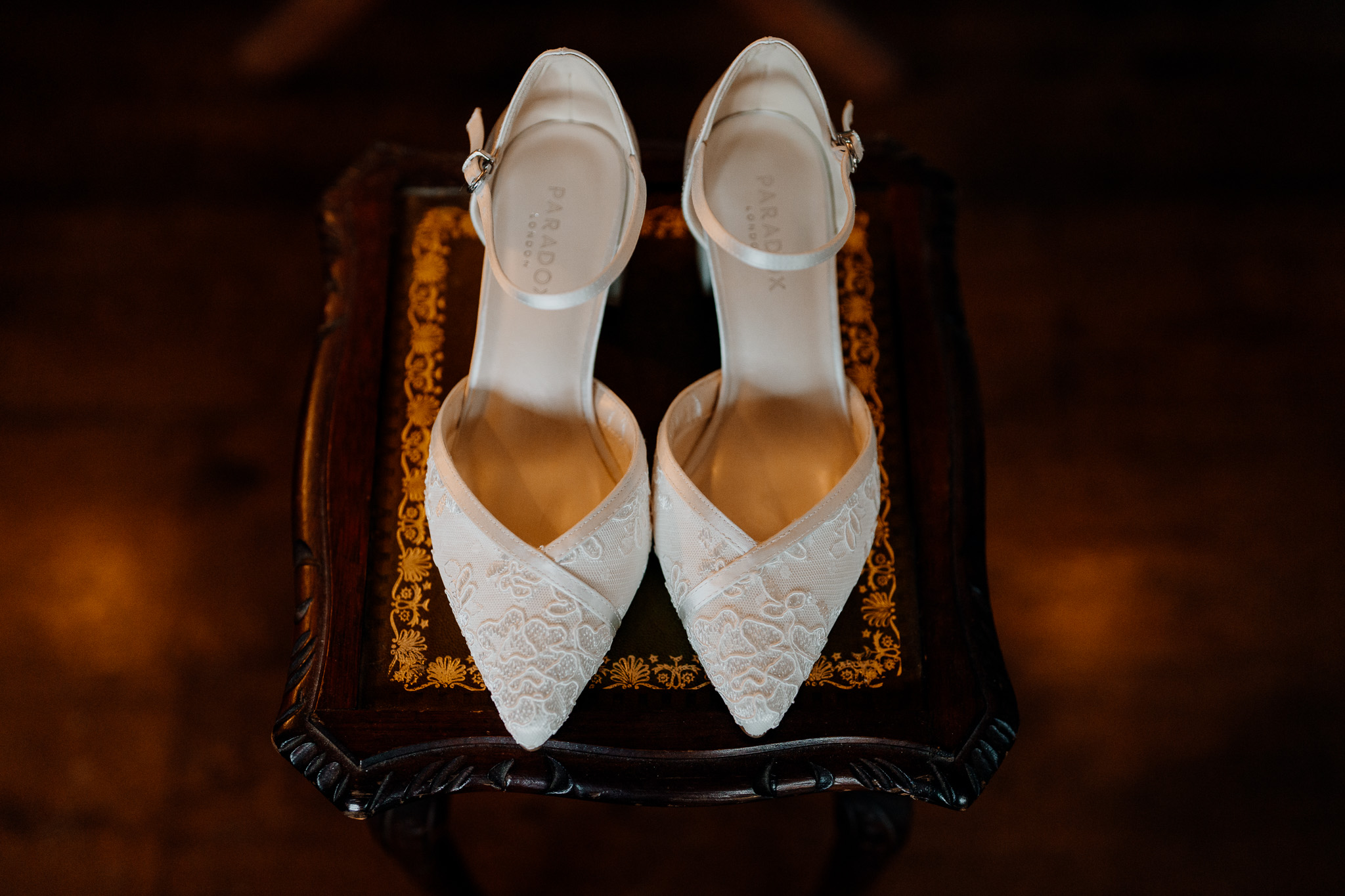Bridal shoes during wedding preparations at Markree Castle