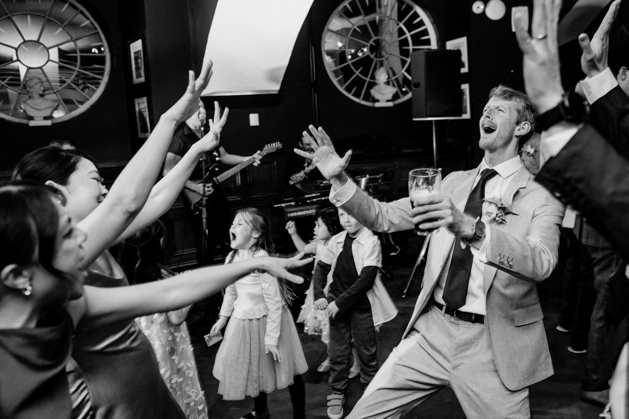 Candid black and white wedding dance floor photo at Markree Castle