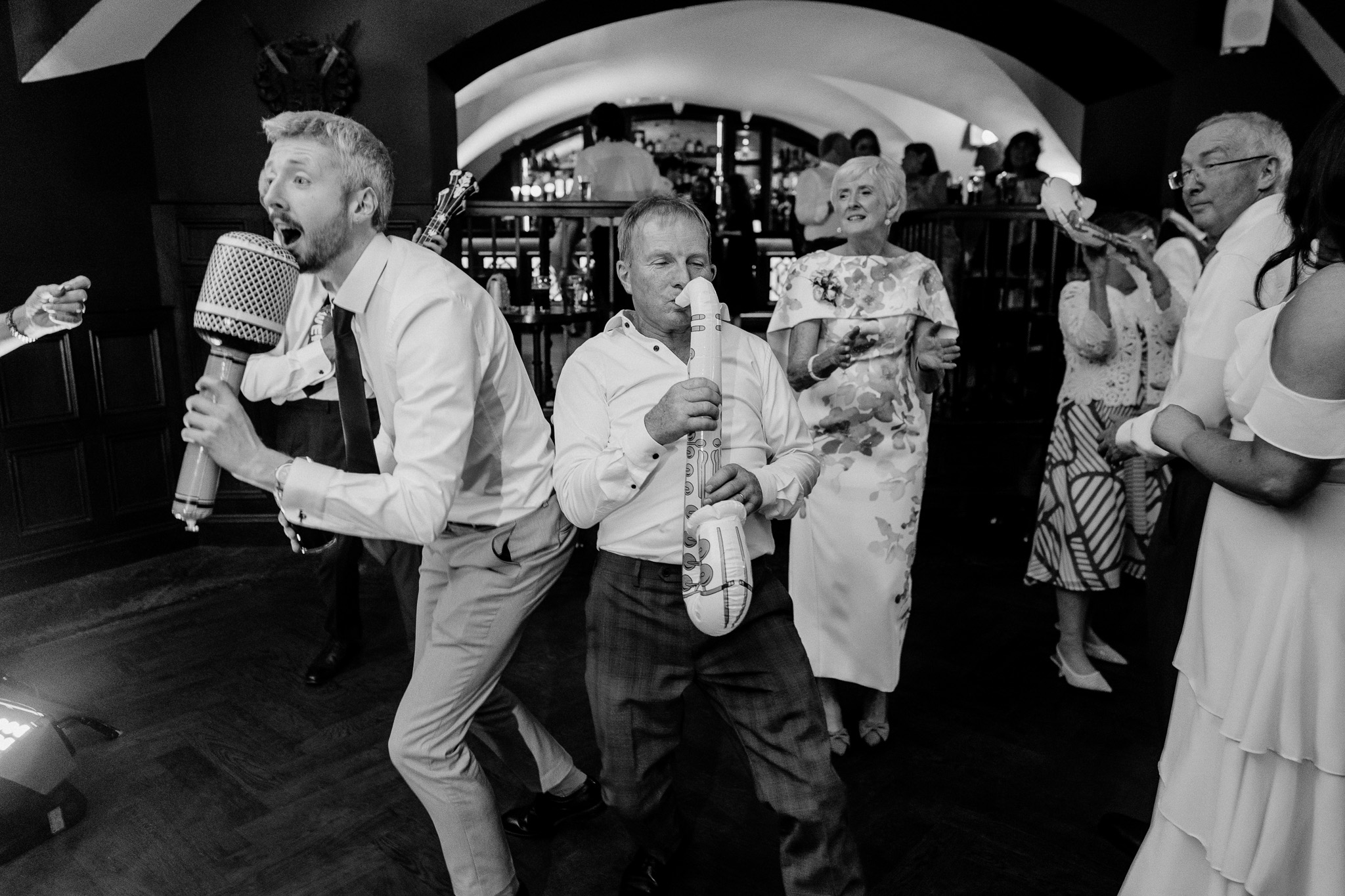 Candid black and white dance floor photo at Markree Castle wedding