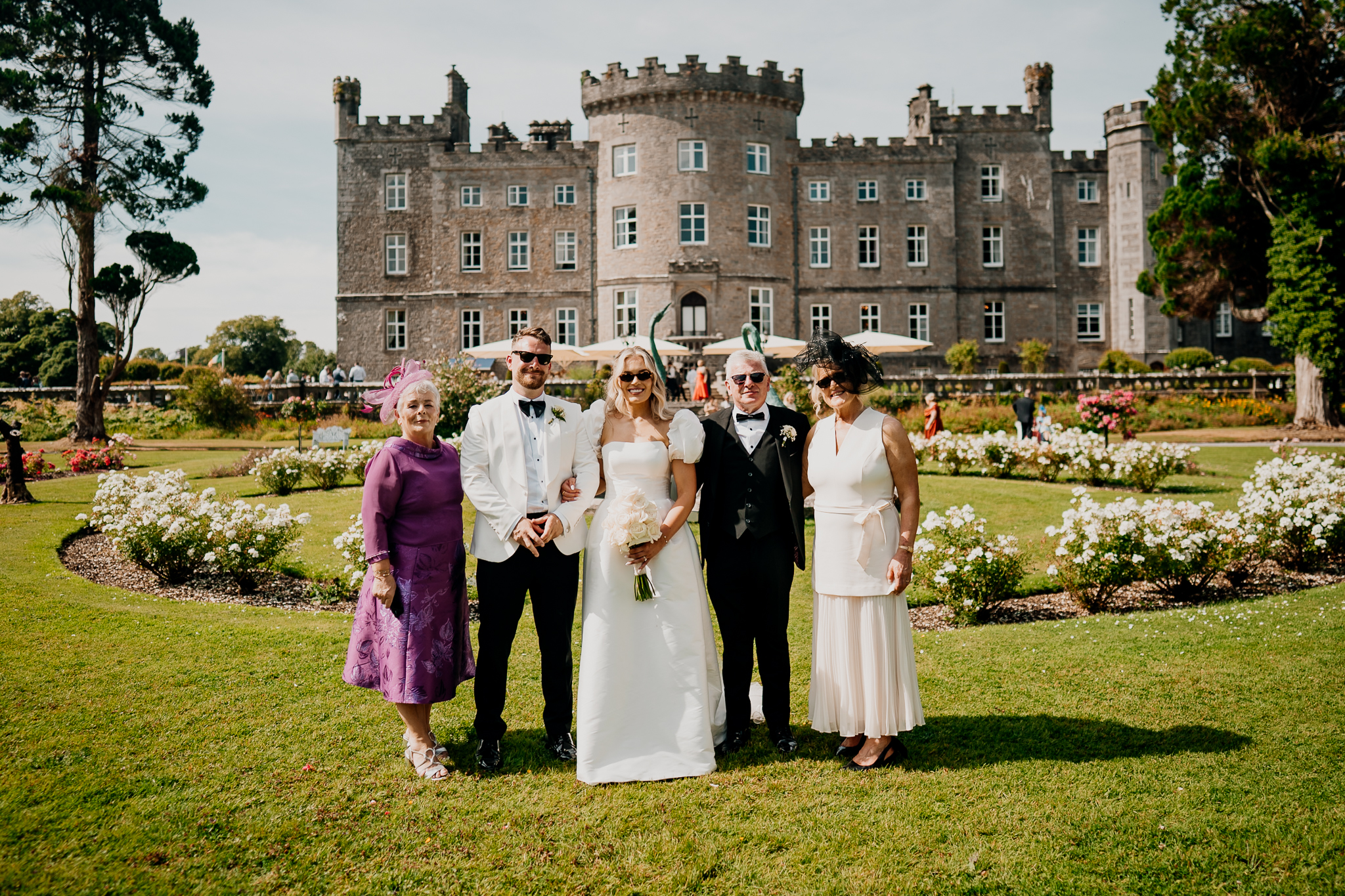 Family wedding portrait in front of Markree Castle after the ceremony