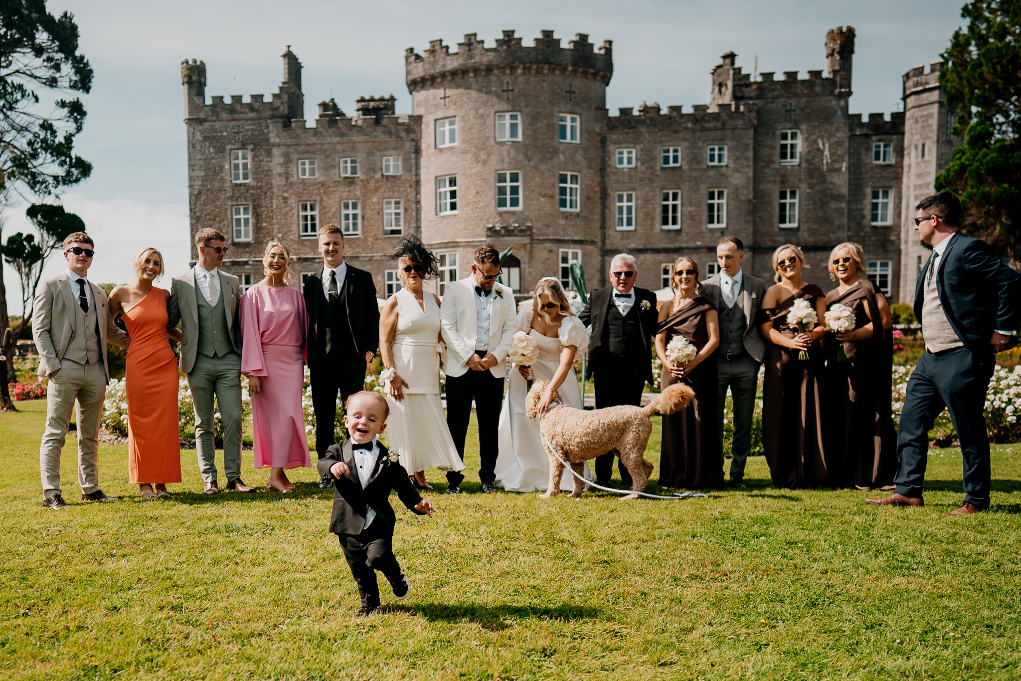 Wedding family and friends group photo in front of Markree Castle in Sligo