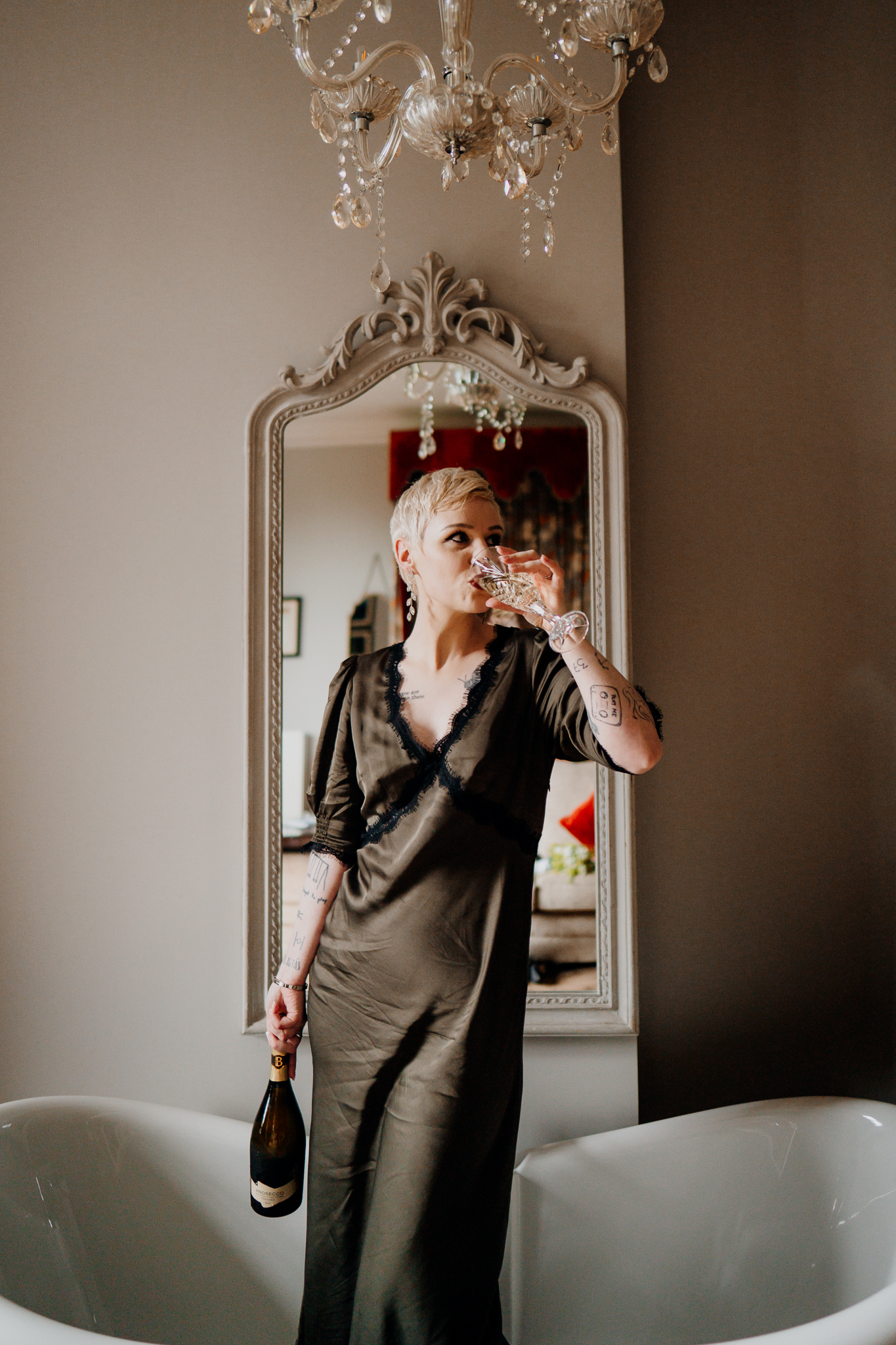 Intimate bridal portrait beside an elegant freestanding bathtub at Markree Castle Sligo