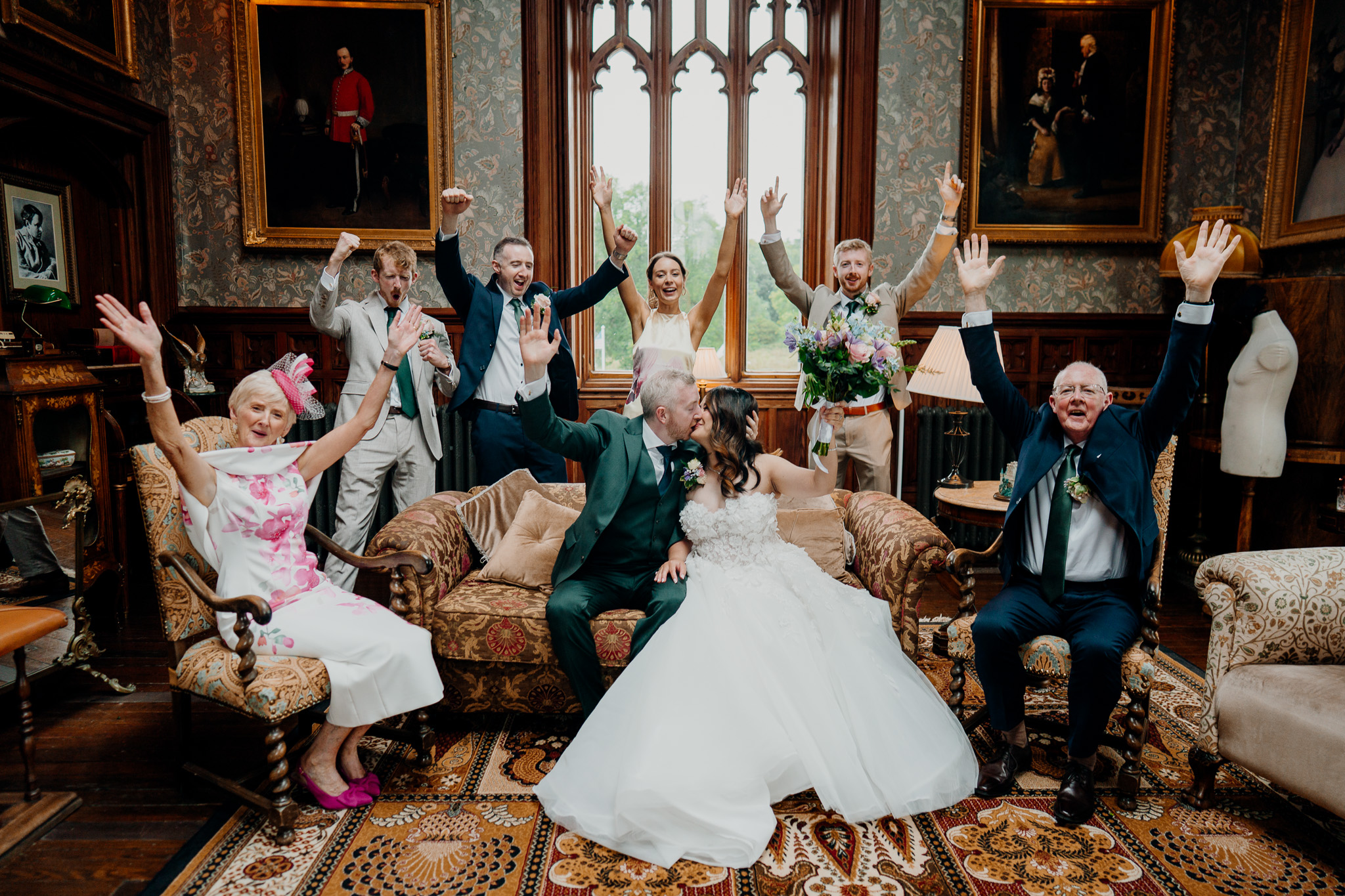 Bride and groom with their families at Markree Castle