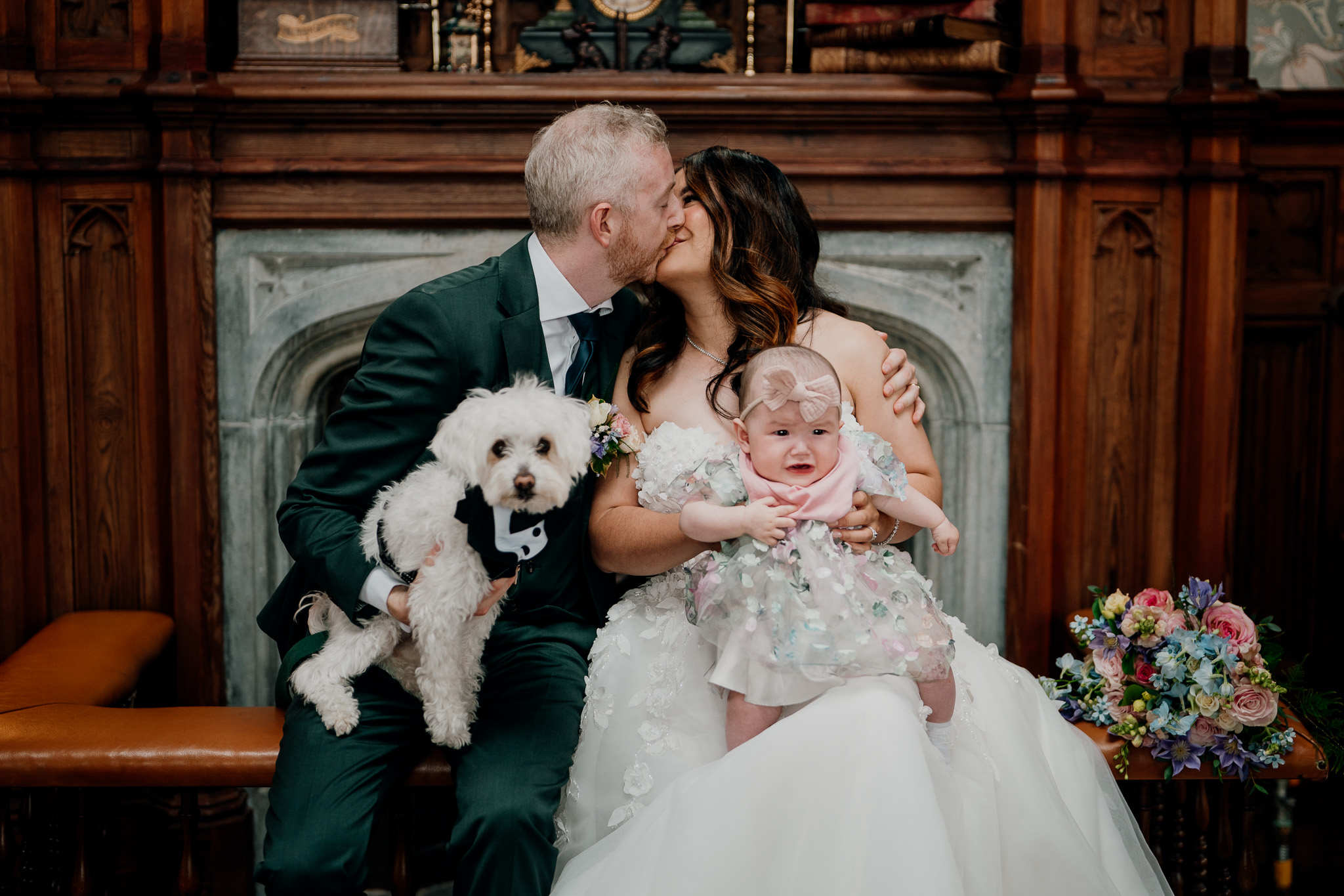 Bride and groom with their dog in the Billiard Room at Markree Castle