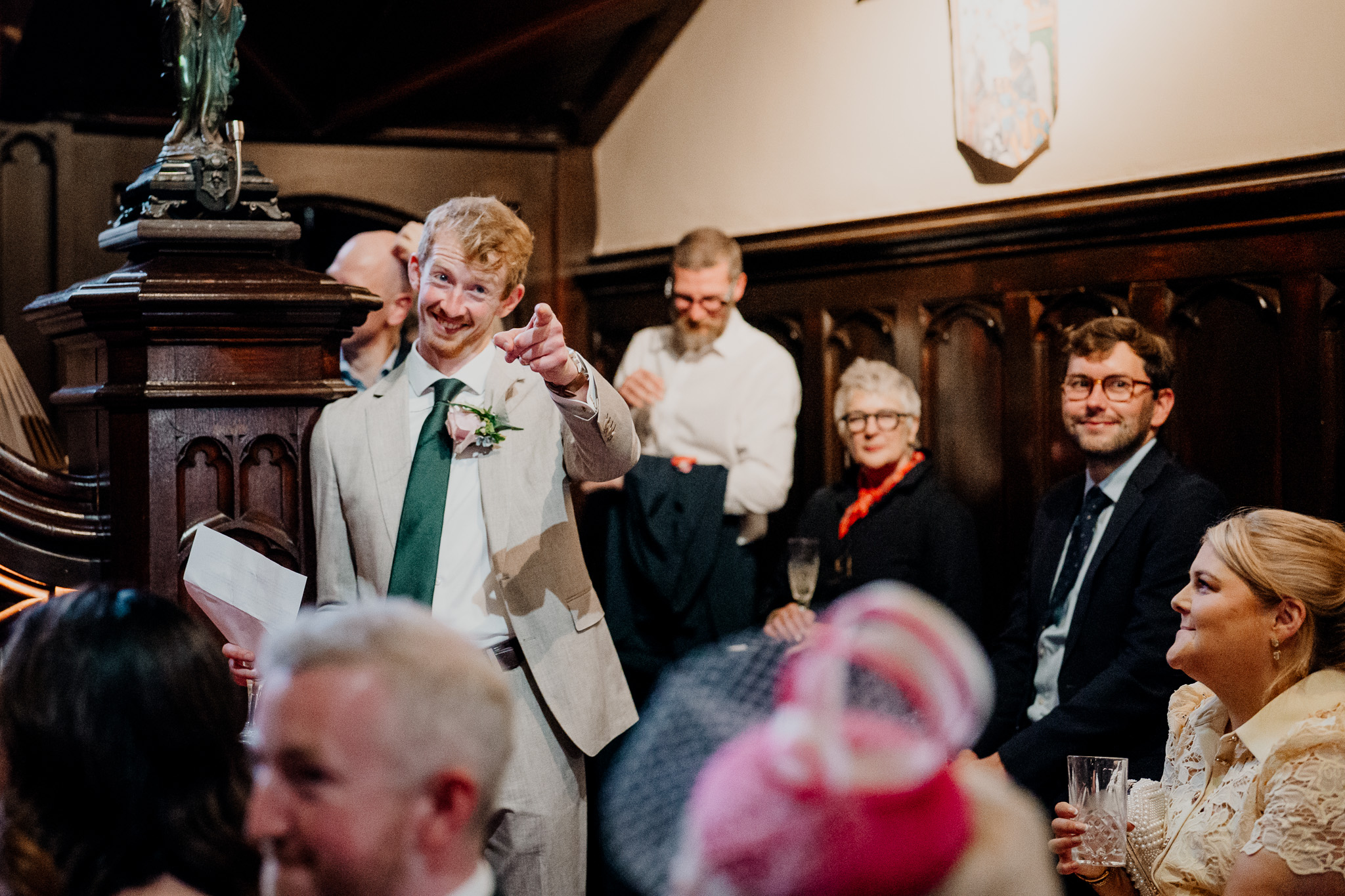 Emotional moment during wedding speeches by the fireplace at Markree Castle