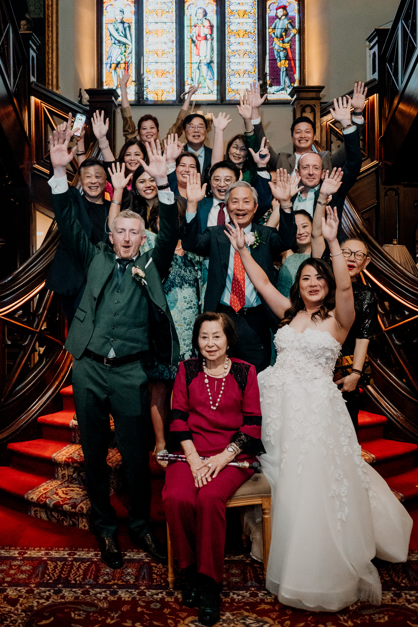 Wedding group photo on the staircase at Markree Castle