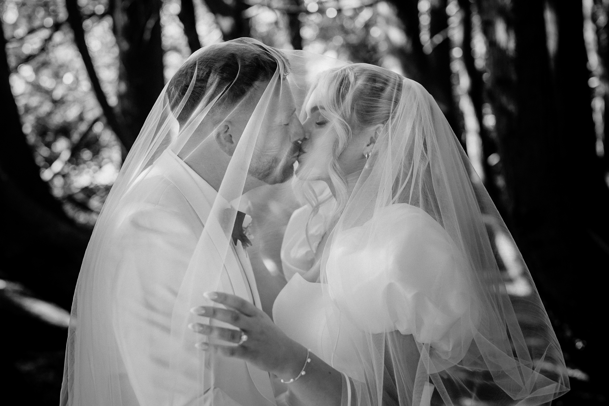Black and white portrait of Caoimhe and Michael beneath the bridal veil at Markree Castle