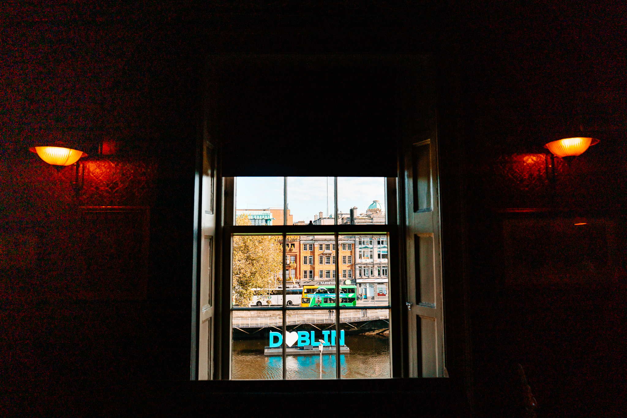 View towards the River Liffey through a window inside J.R. Mahon's pub in Dublin
