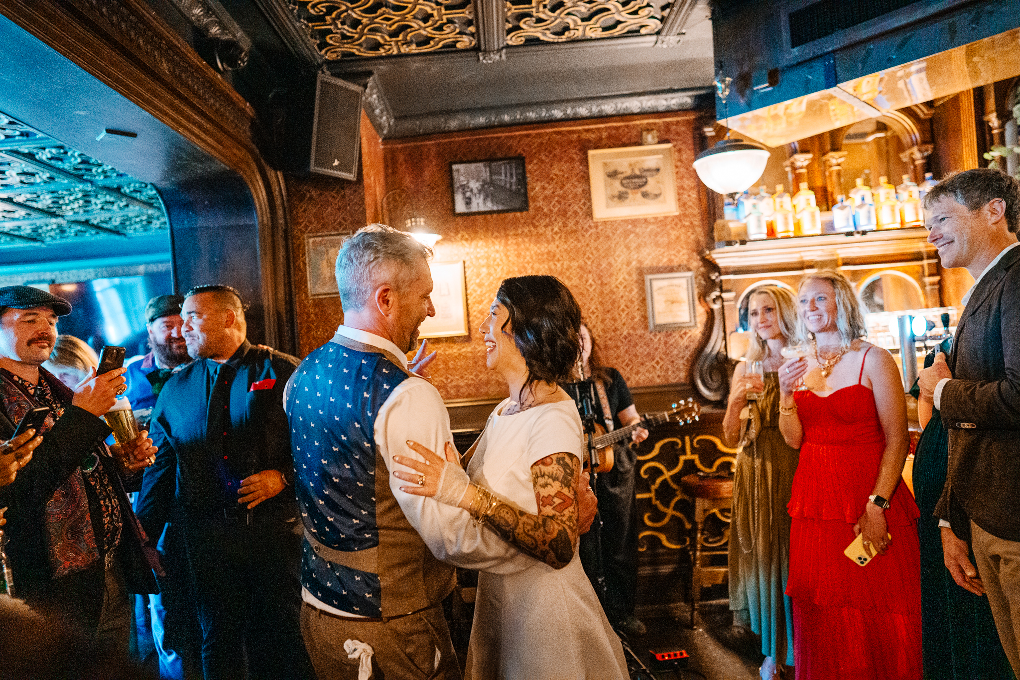 Wedding guests listening to speeches inside J.R. Mahon's Public House and Brewery in Dublin