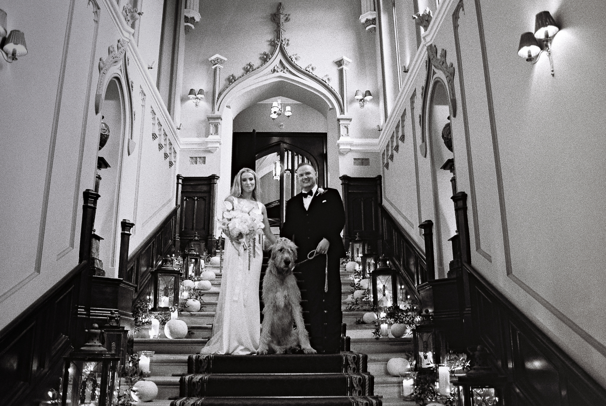 Fion, the Markree Castle dog, with a bride and groom on the grand staircase, captured on black and white 35mm film in County Sligo, Ireland.
