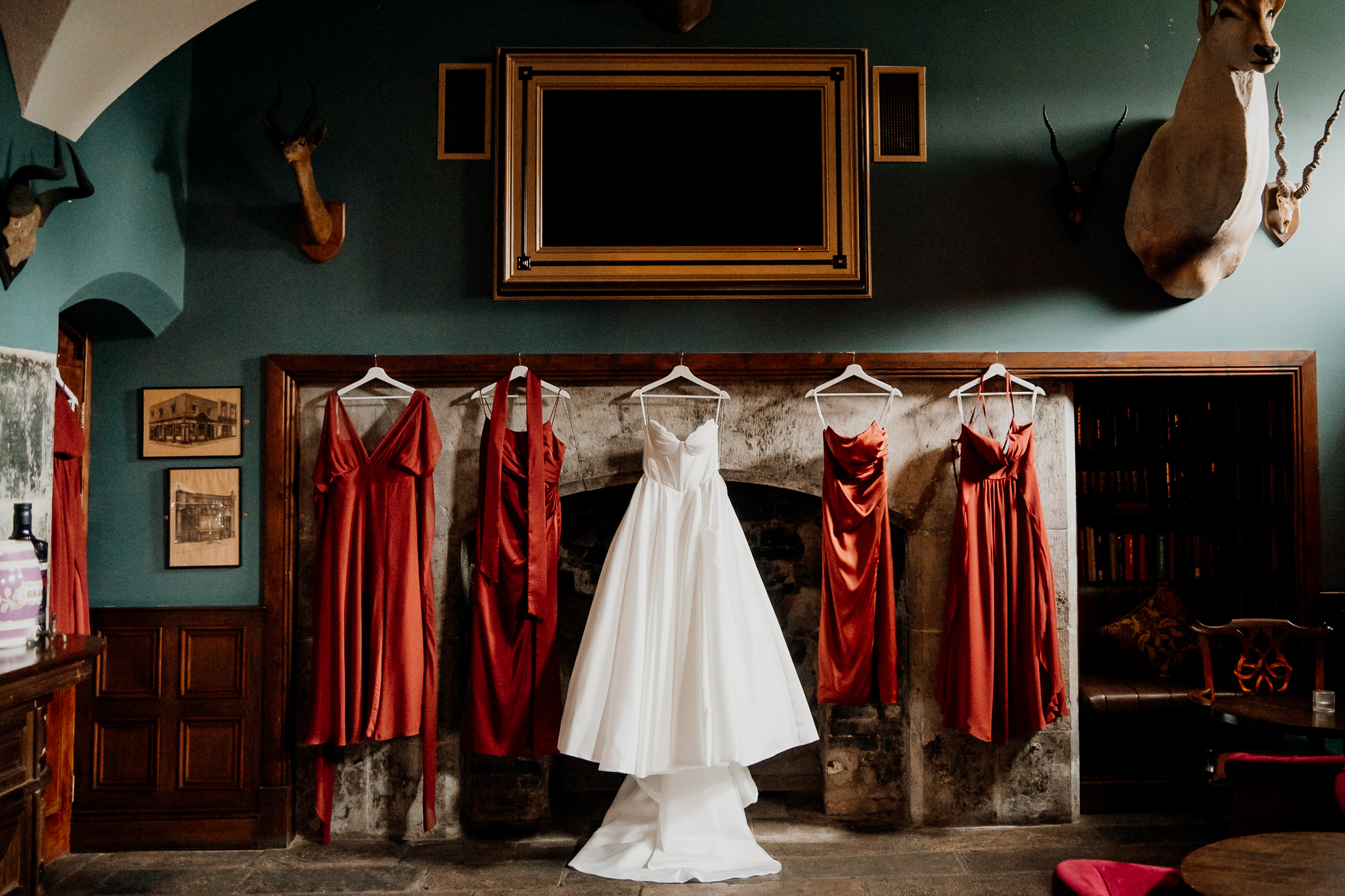 Wedding dresses hanging in the Gin Bar at Markree Castle before the wedding ceremony.